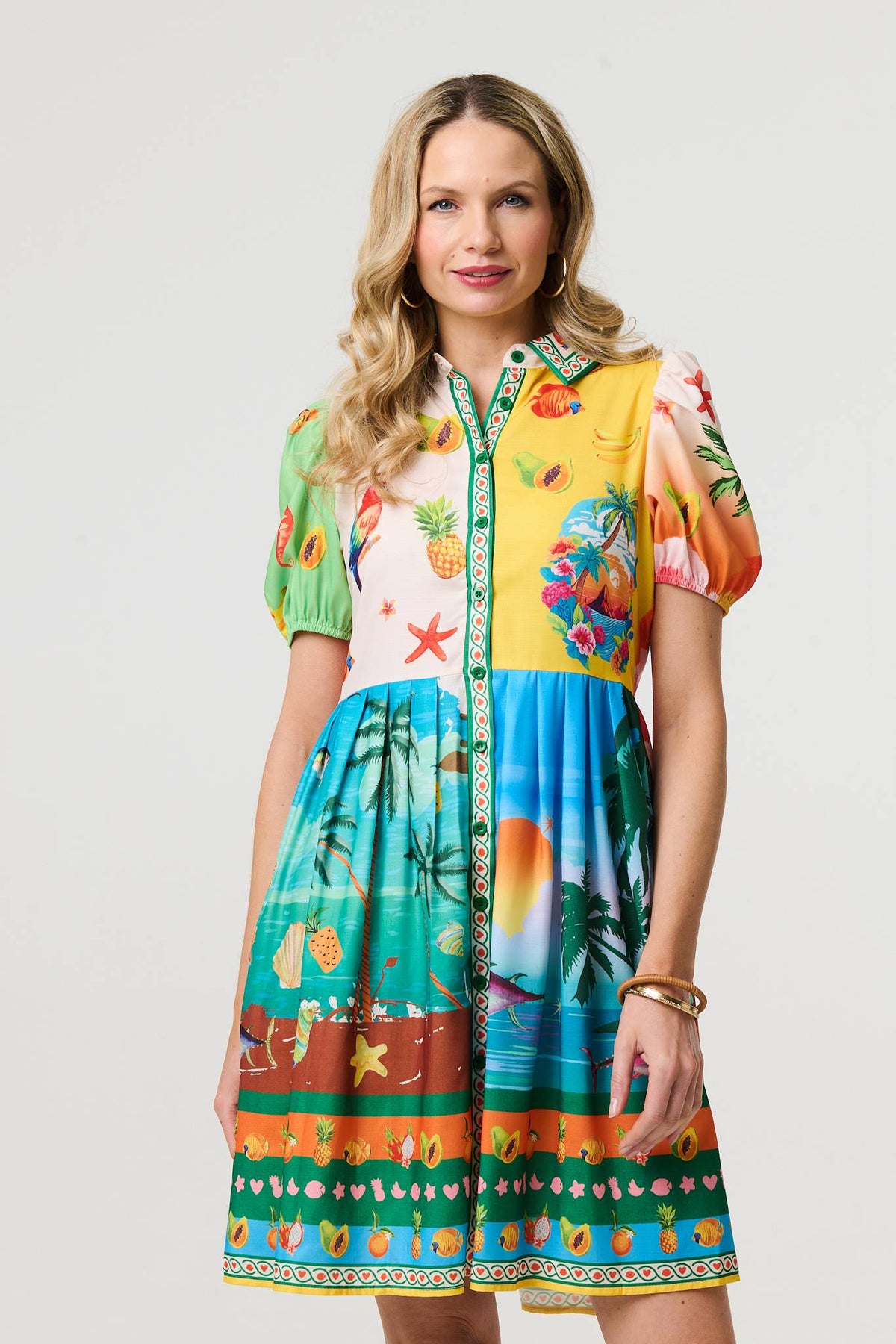 Printed Puff Sleeve Short Shirt Dress Front View