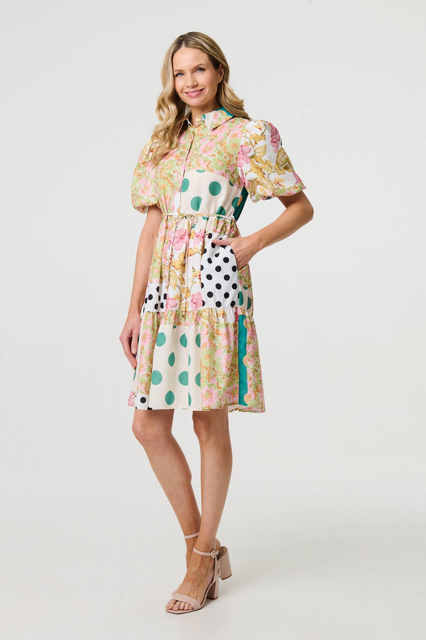 Patchwork Print Knee Length Shirt Dress Styled View