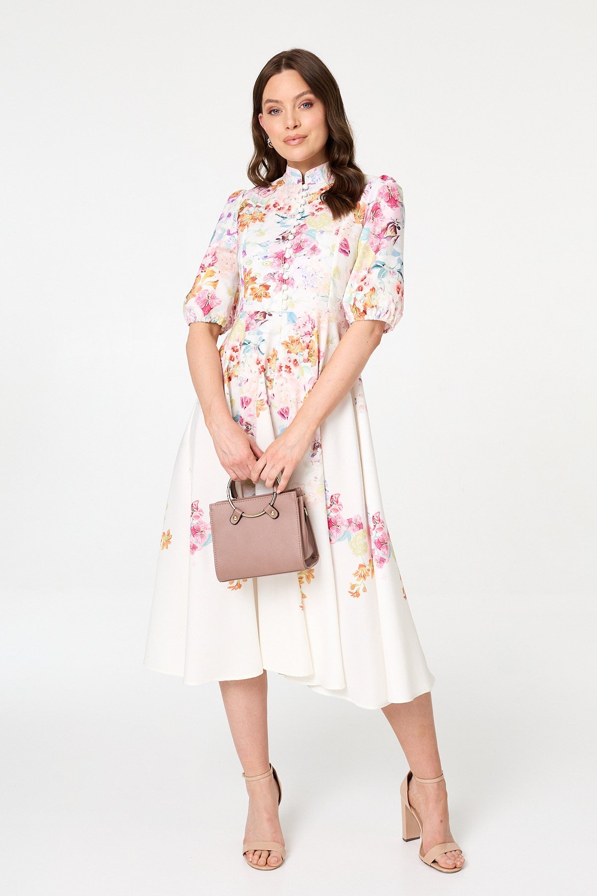 Floral 1/2 Sleeve High Neck Midi Dress Front View