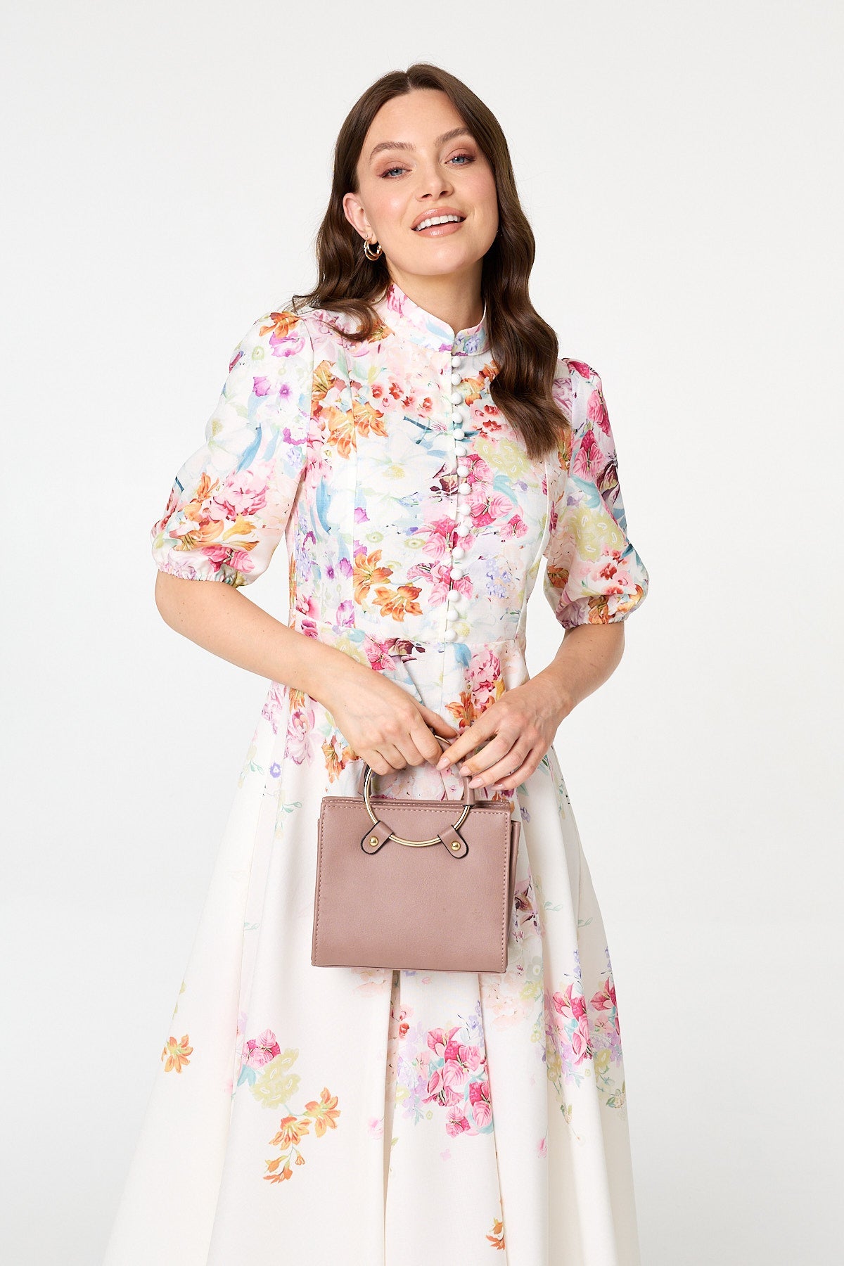 Floral 1/2 Sleeve High Neck Midi Dress Back View