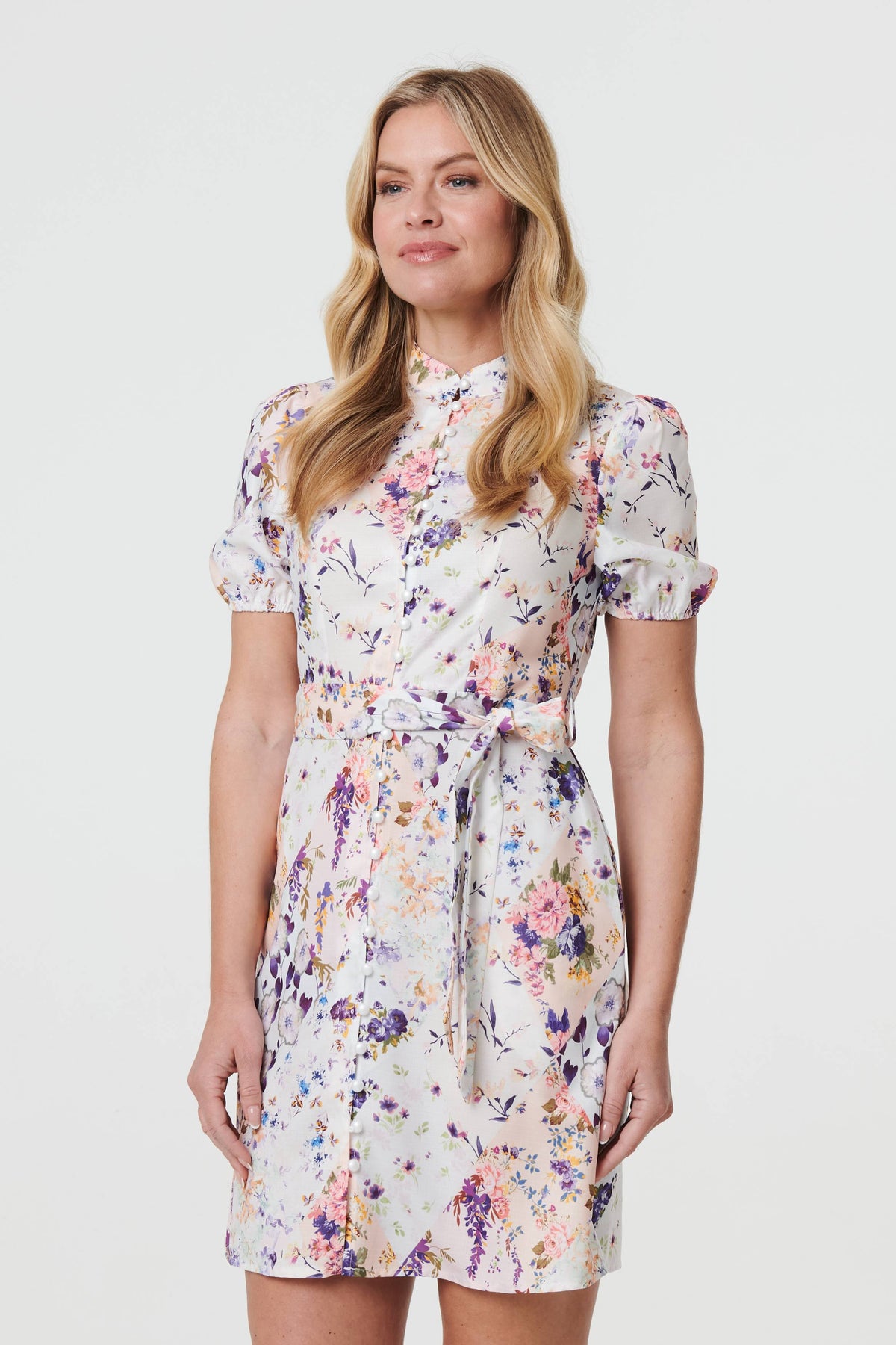 Floral High Neck Tie Waist Short Dress Front View