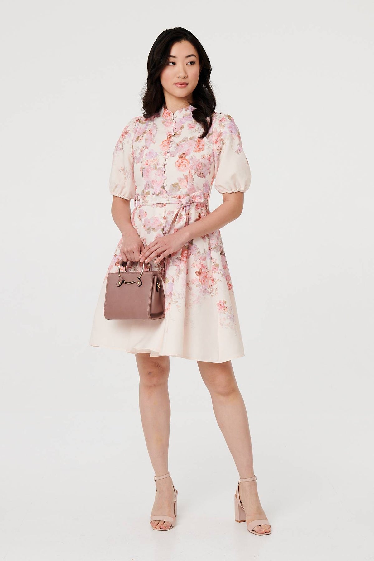 Floral Knee Length Tie Waist Dress Front View
