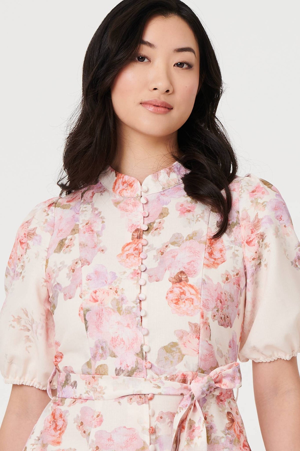 Floral Knee Length Tie Waist Dress Detail View