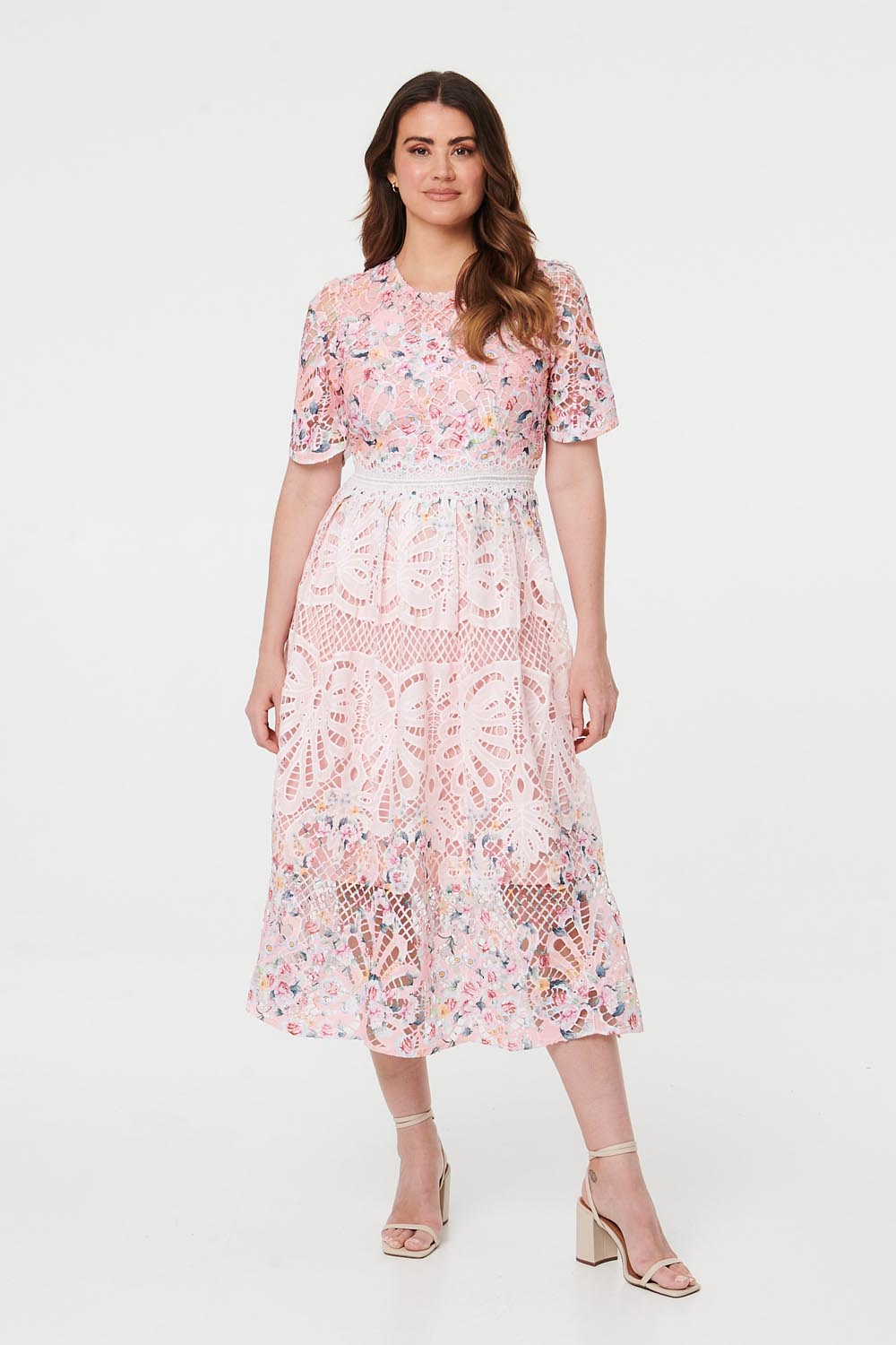 Floral Mesh Layer 1/2 Sleeve Midi Dress Front View