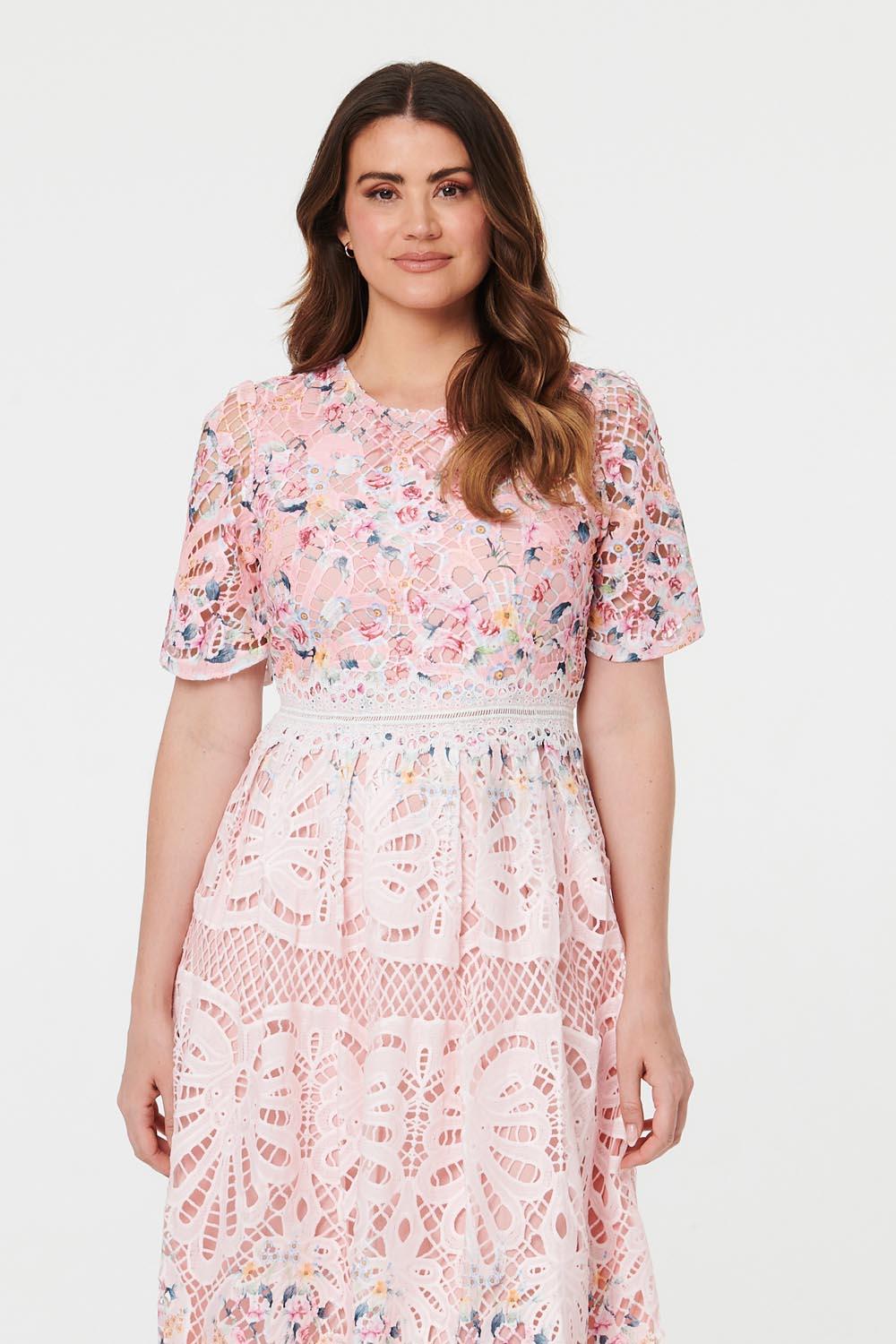 Floral Mesh Layer 1/2 Sleeve Midi Dress Back View