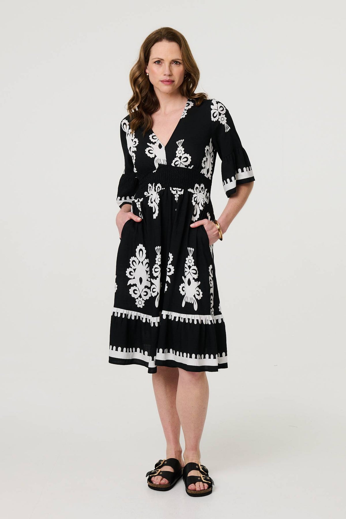 Ikat Print 1/2 Sleeve Relaxed Short Dress Full Length View 3