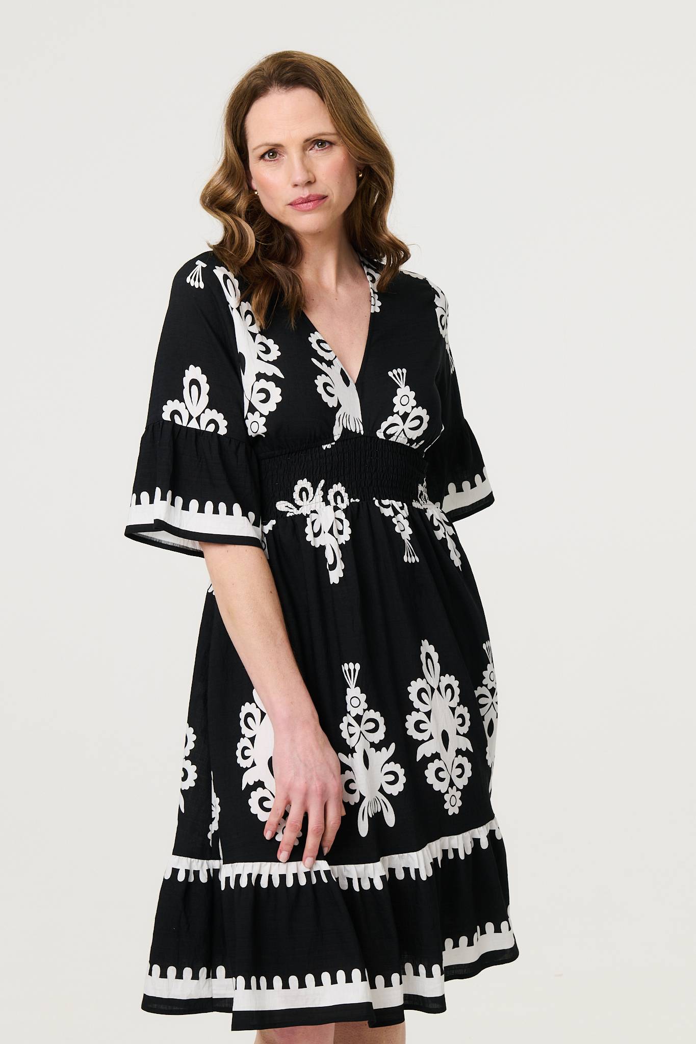Ikat Print 1/2 Sleeve Relaxed Short Dress Styled View