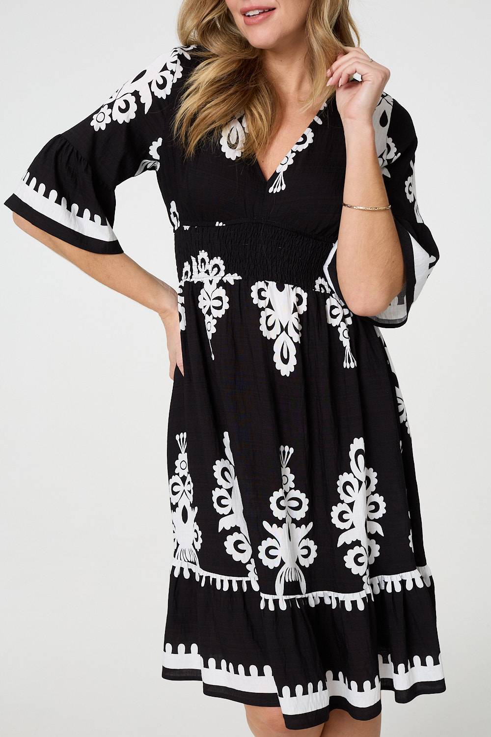 Ikat Print 1/2 Sleeve Relaxed Short Dress Detail View 2