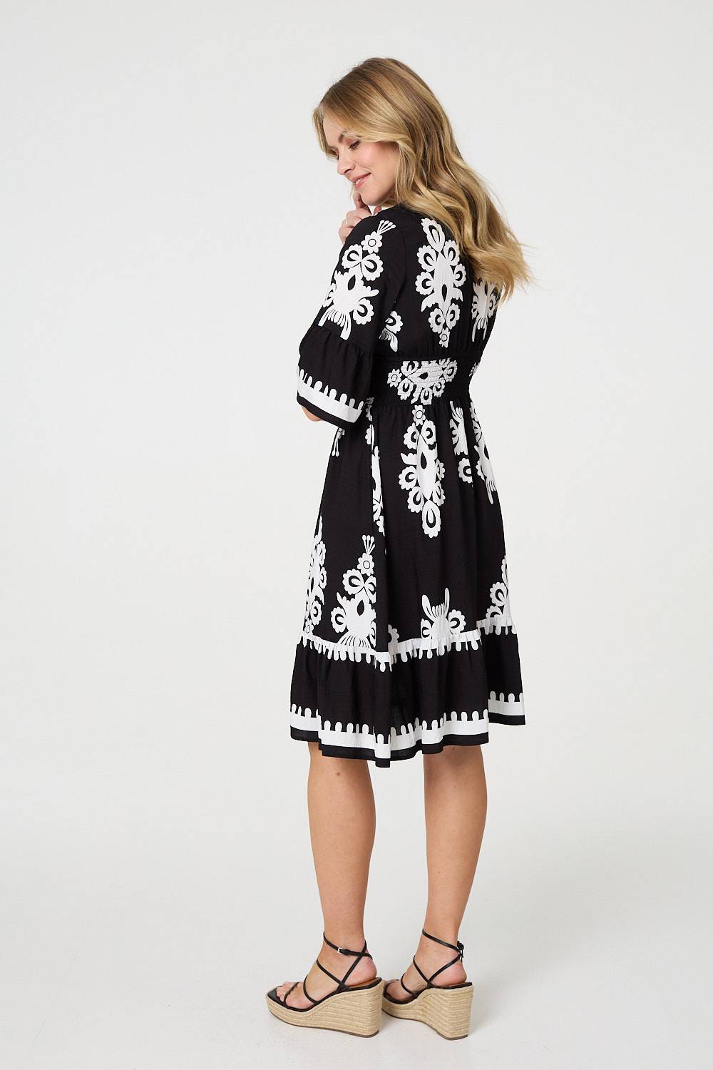 Ikat Print 1/2 Sleeve Relaxed Short Dress Full Length View