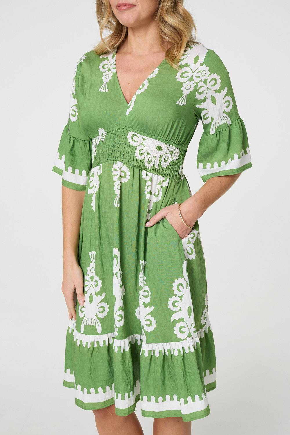 Ikat Print 1/2 Sleeve Relaxed Short Dress Styled View 4