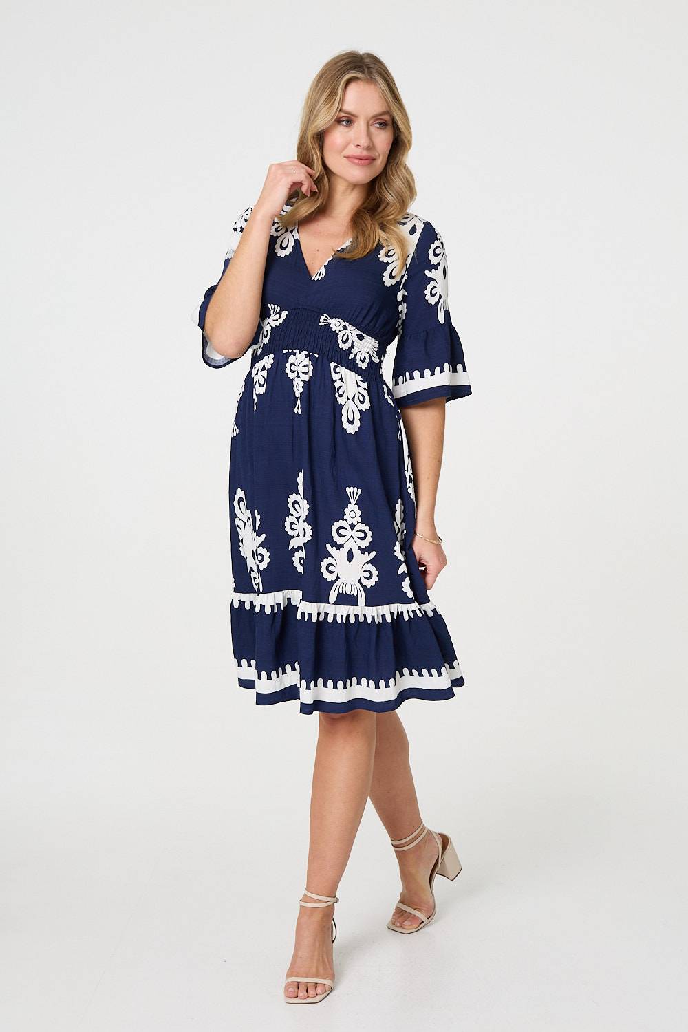 Ikat Print 1/2 Sleeve Relaxed Short Dress Detail View