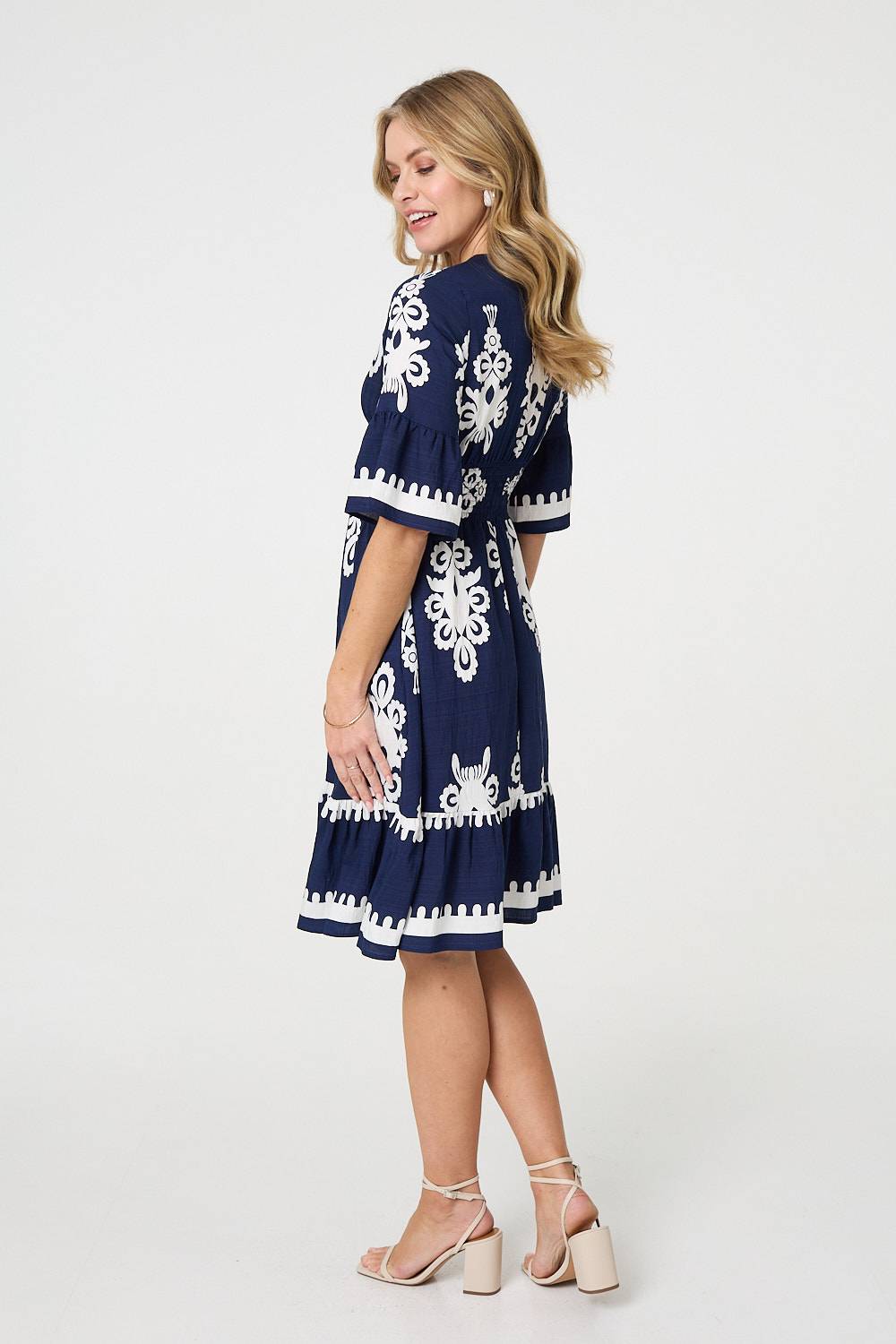Ikat Print 1/2 Sleeve Relaxed Short Dress Back View