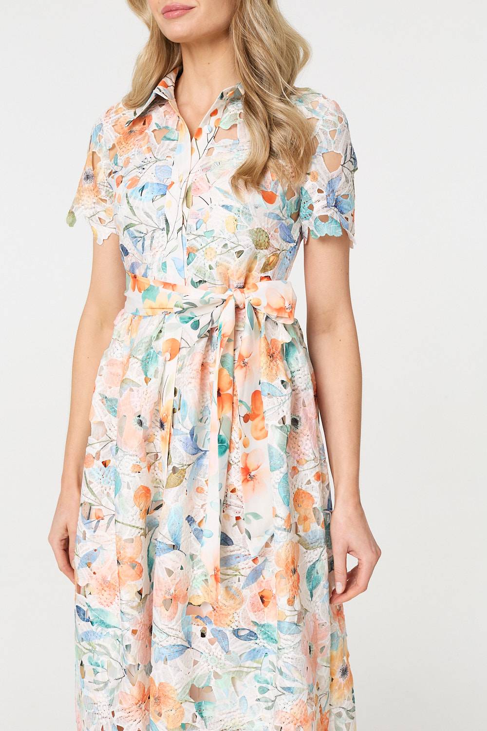 Floral Lace Tie Waist Midi Shirt Dress Front View 2