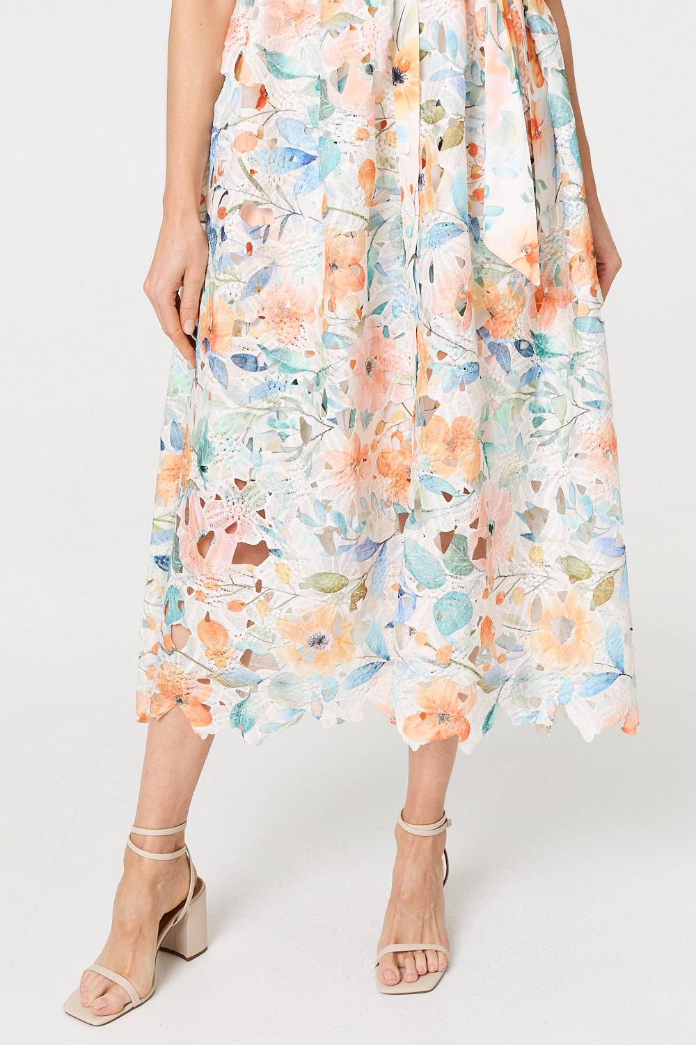 Floral Lace Tie Waist Midi Shirt Dress Full Length View
