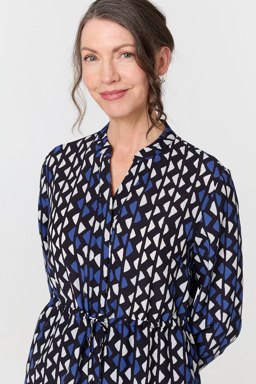Geo Print Tie Waist Knee Length Dress Styled View