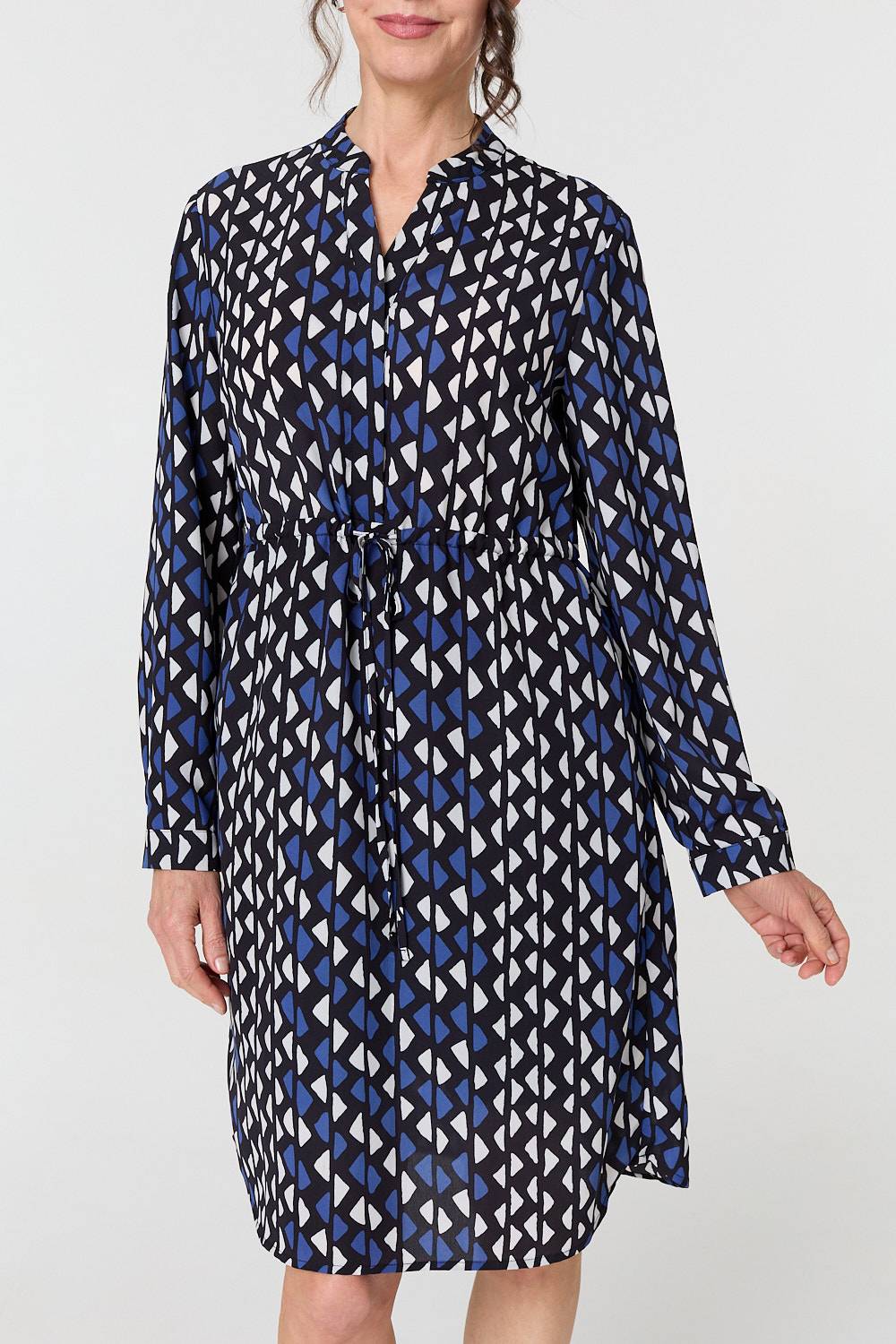 Geo Print Tie Waist Knee Length Dress Detail View