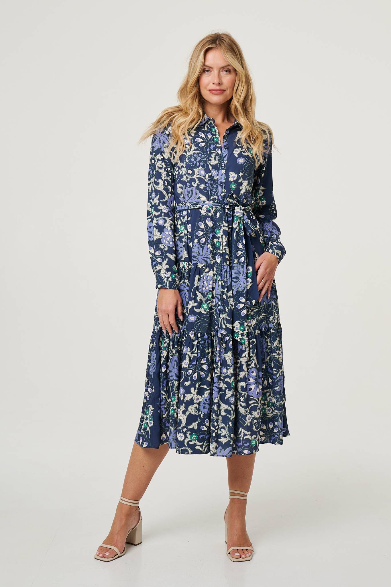 Floral Tie Waist Tiered Midi Dress Front View