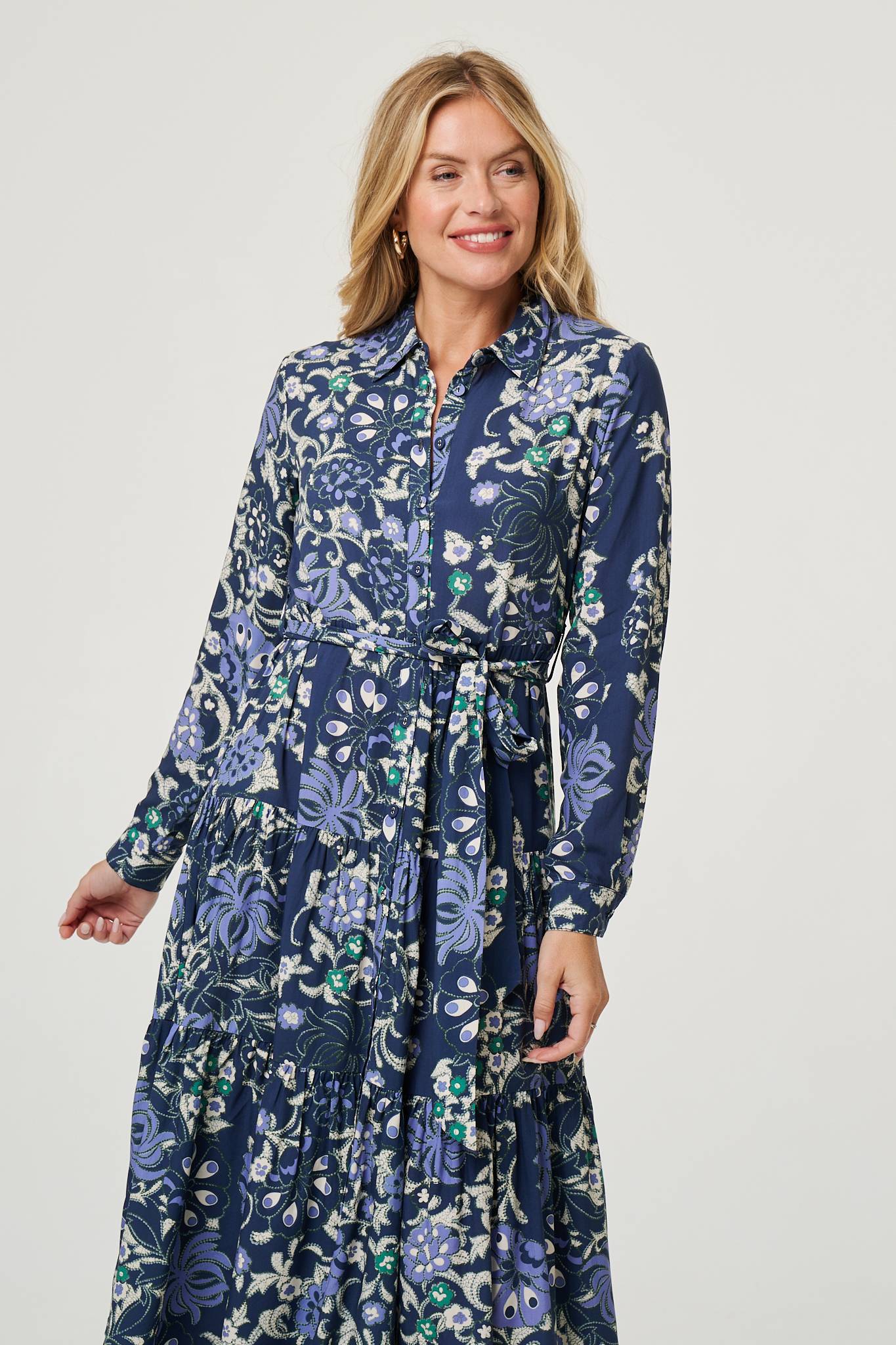 Floral Tie Waist Tiered Midi Dress Back View