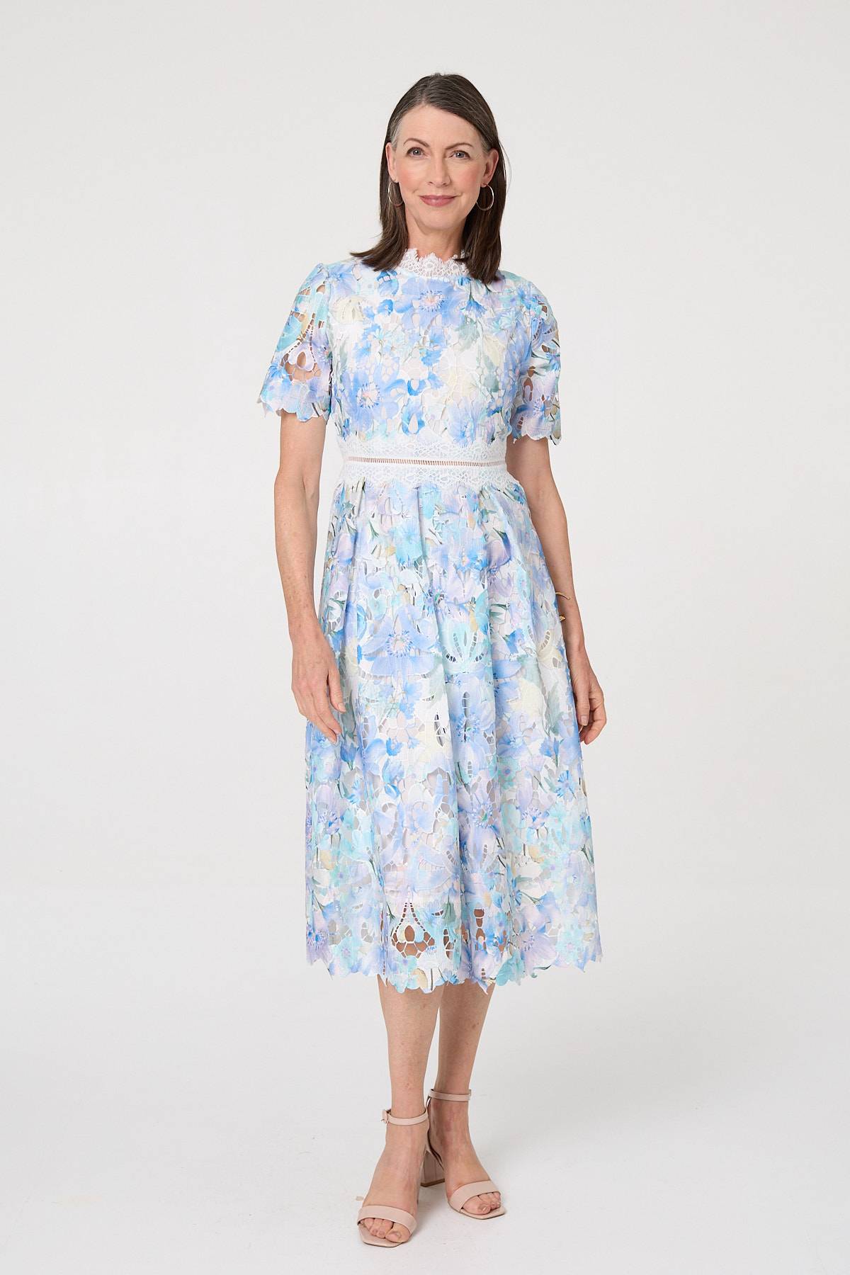 Floral Semi Sheer Lace Layer Midi Dress Front View