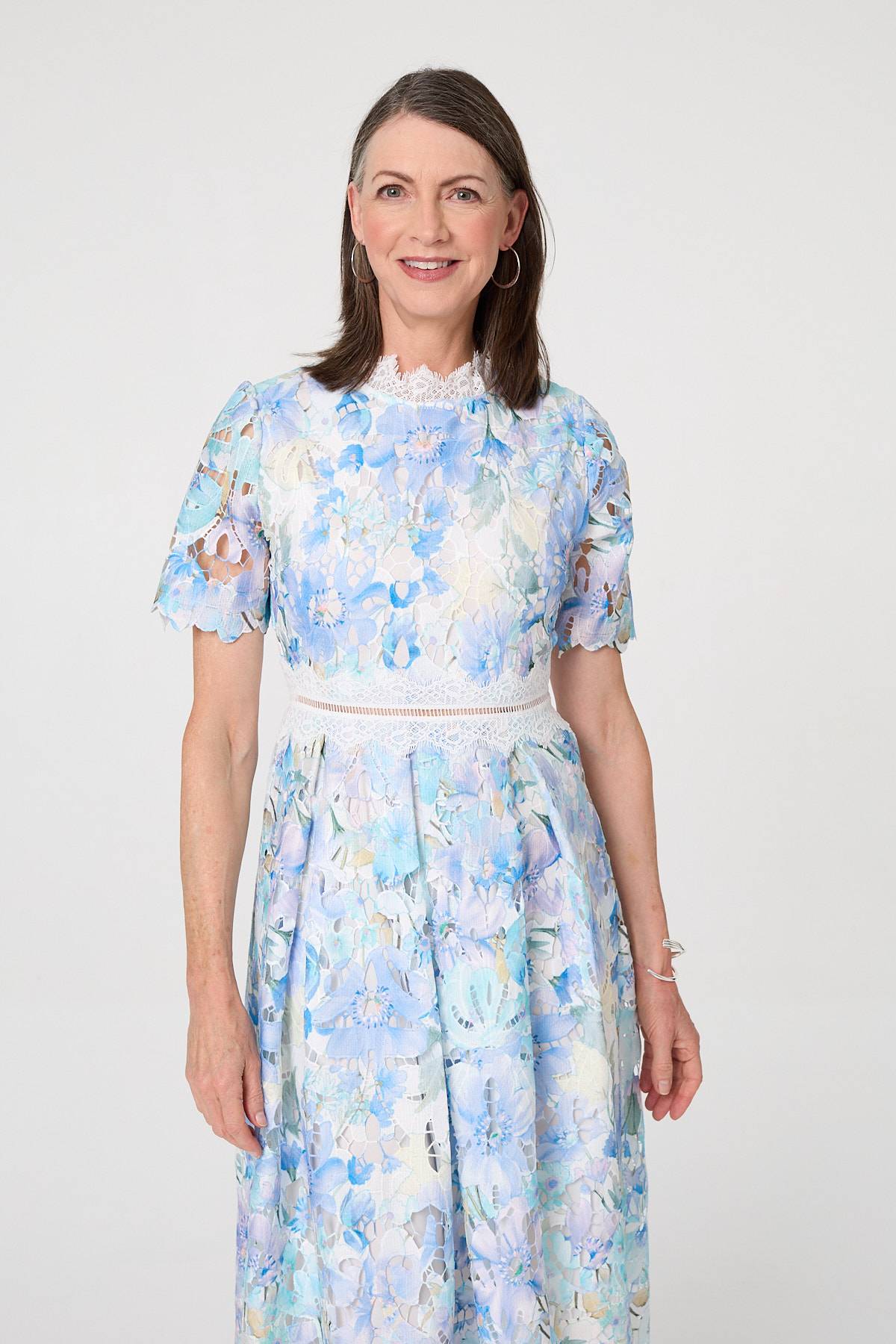 Floral Semi Sheer Lace Layer Midi Dress Full Length View