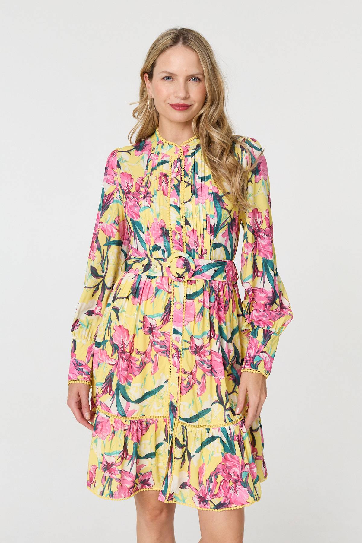 Floral High Neck Long Sleeve Short Dress Front View