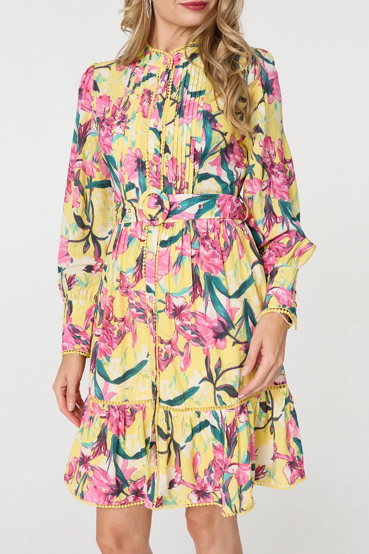 Floral High Neck Long Sleeve Short Dress Full Length View