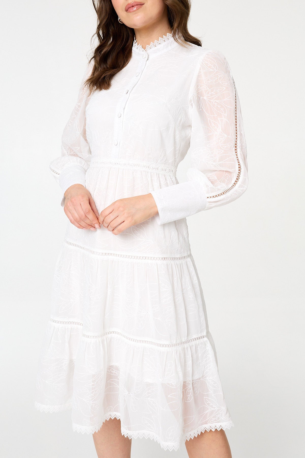 Embroidered Tiered Knee Length Dress Styled View