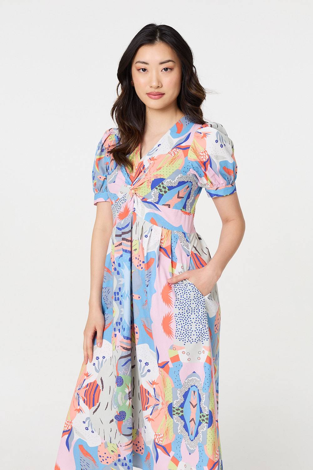 Abstract Ruched Front Empire Midi Dress Styled View