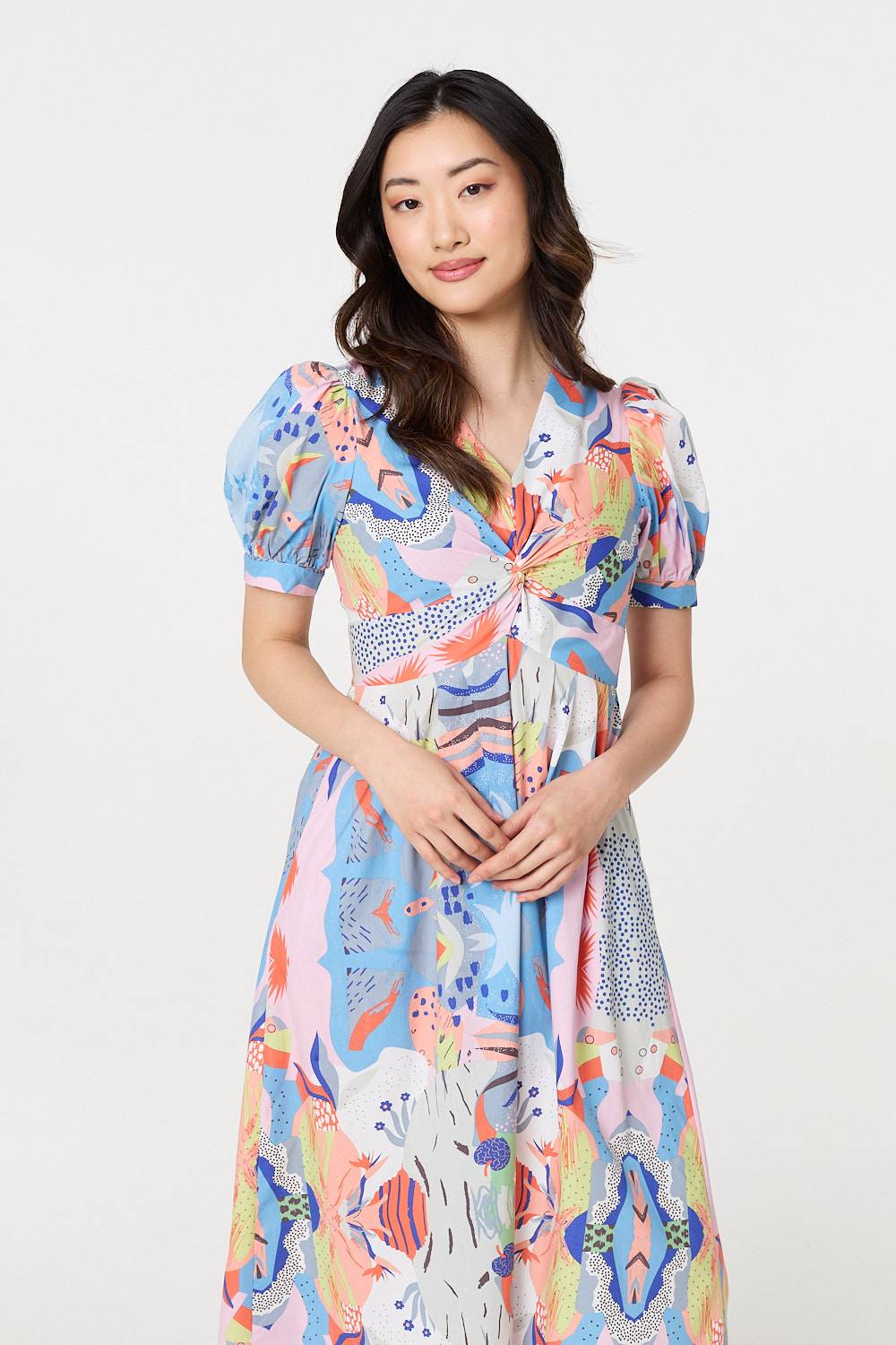 Abstract Ruched Front Empire Midi Dress Side View 2