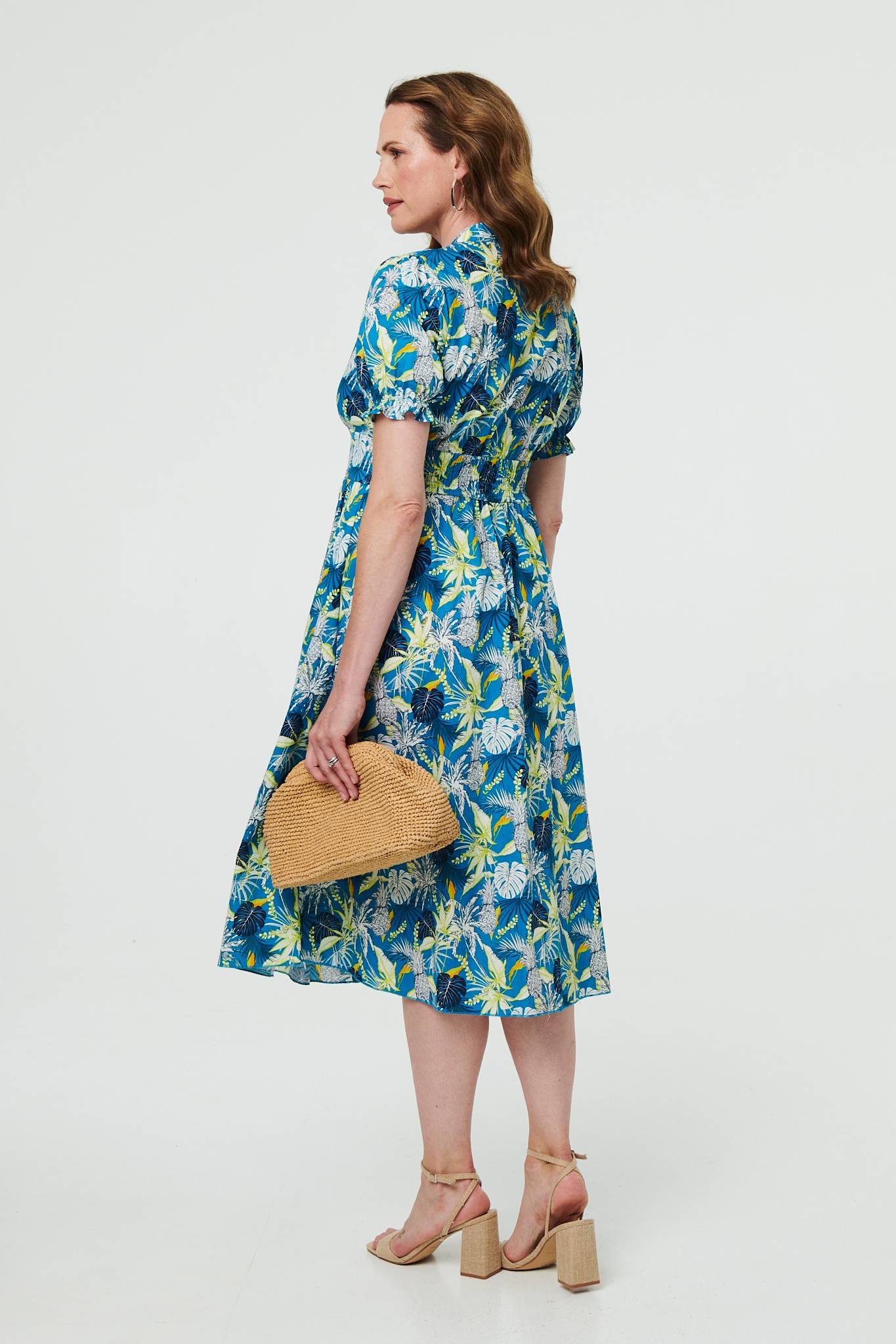 Leaf Print Short Sleeve Shirt Midi Dress Detail View