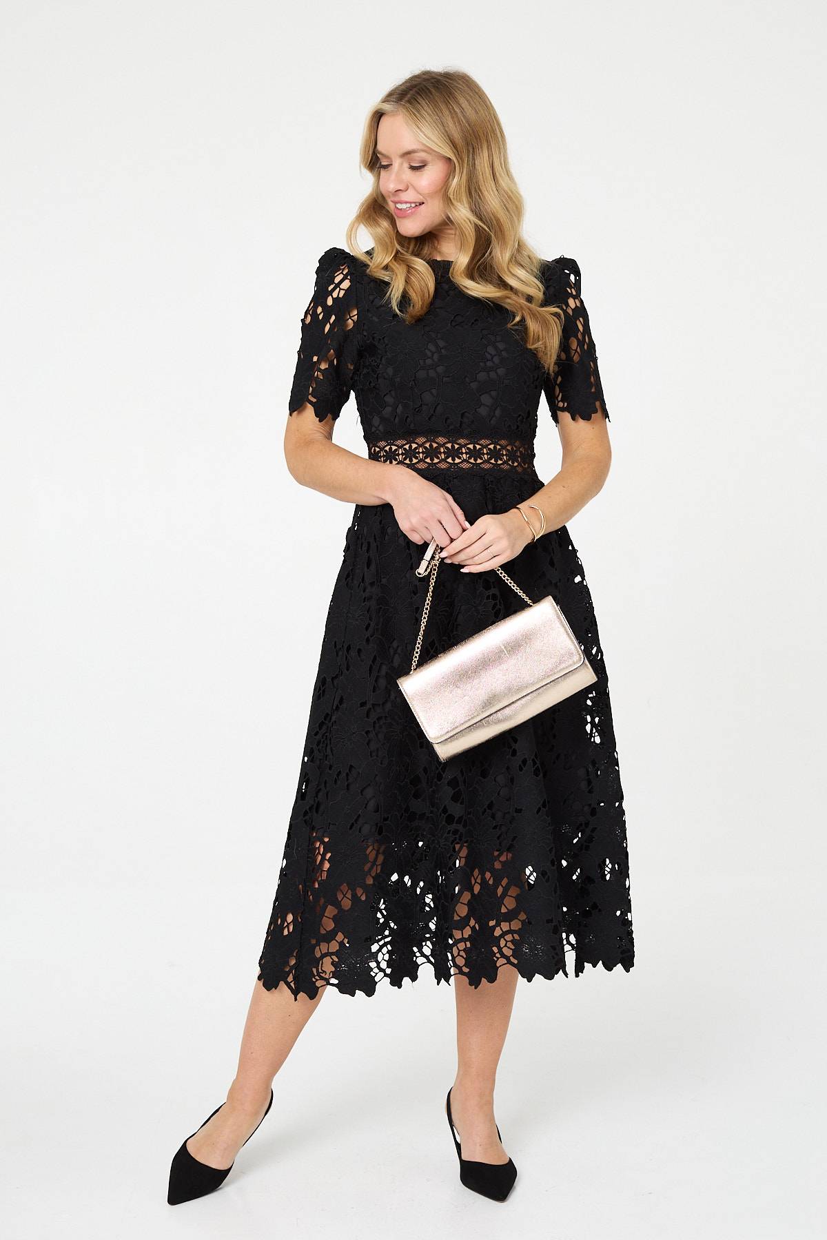 Semi Sheer Lace Layer Midi Dress Front View