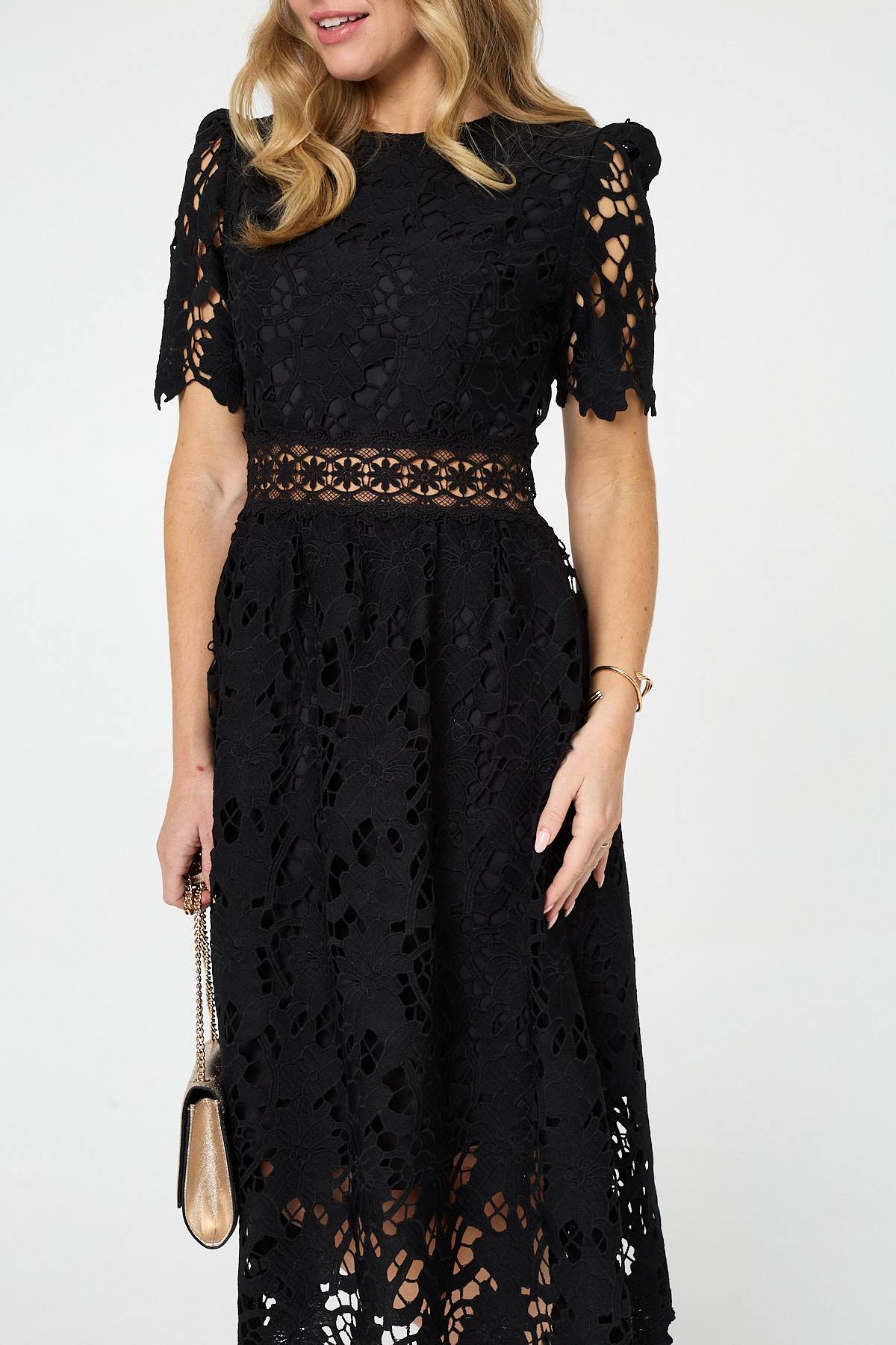 Semi Sheer Lace Layer Midi Dress Full Length View