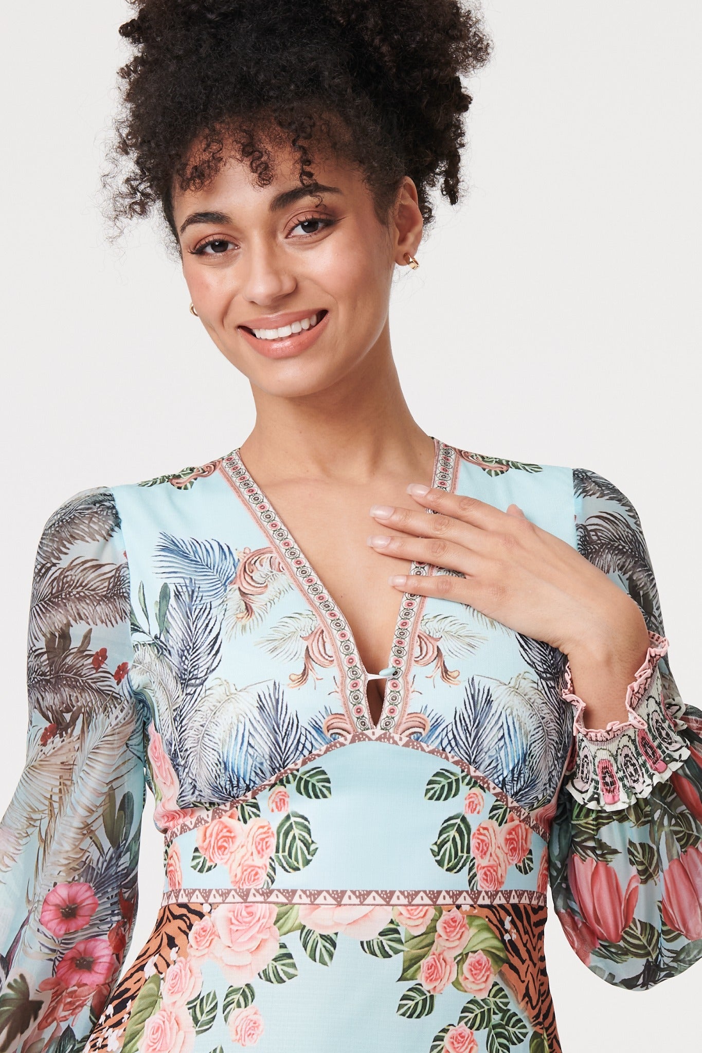 Tropical Print Empire Waist Midi Dress Detail View