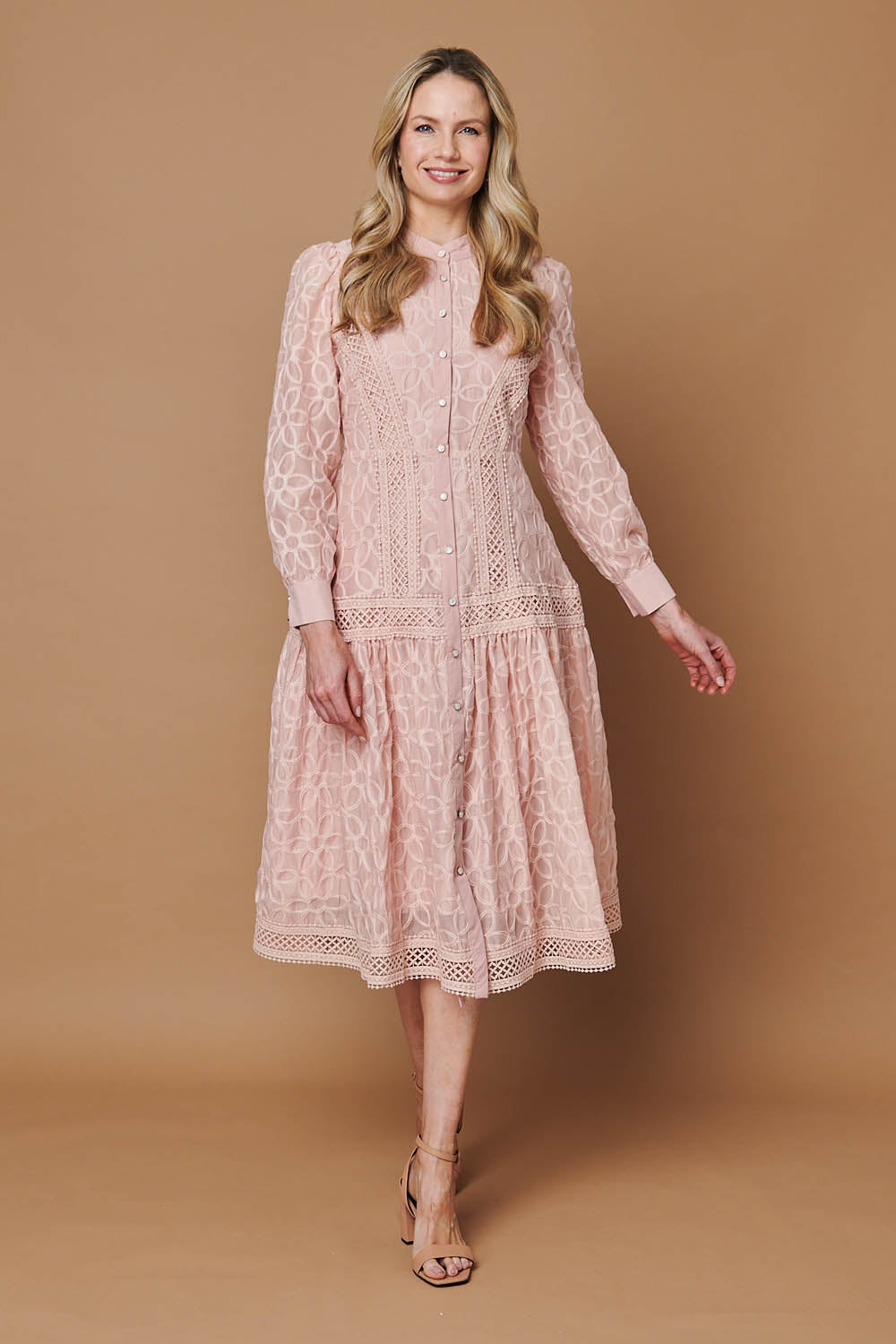 Embroidered Lace Long Sleeve Midi Dress Front View