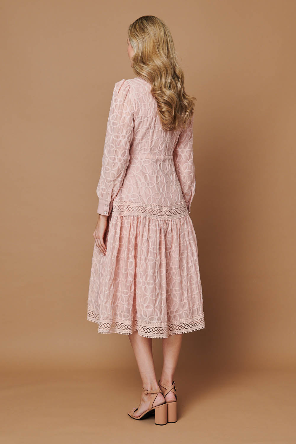 Embroidered Lace Long Sleeve Midi Dress Detail View