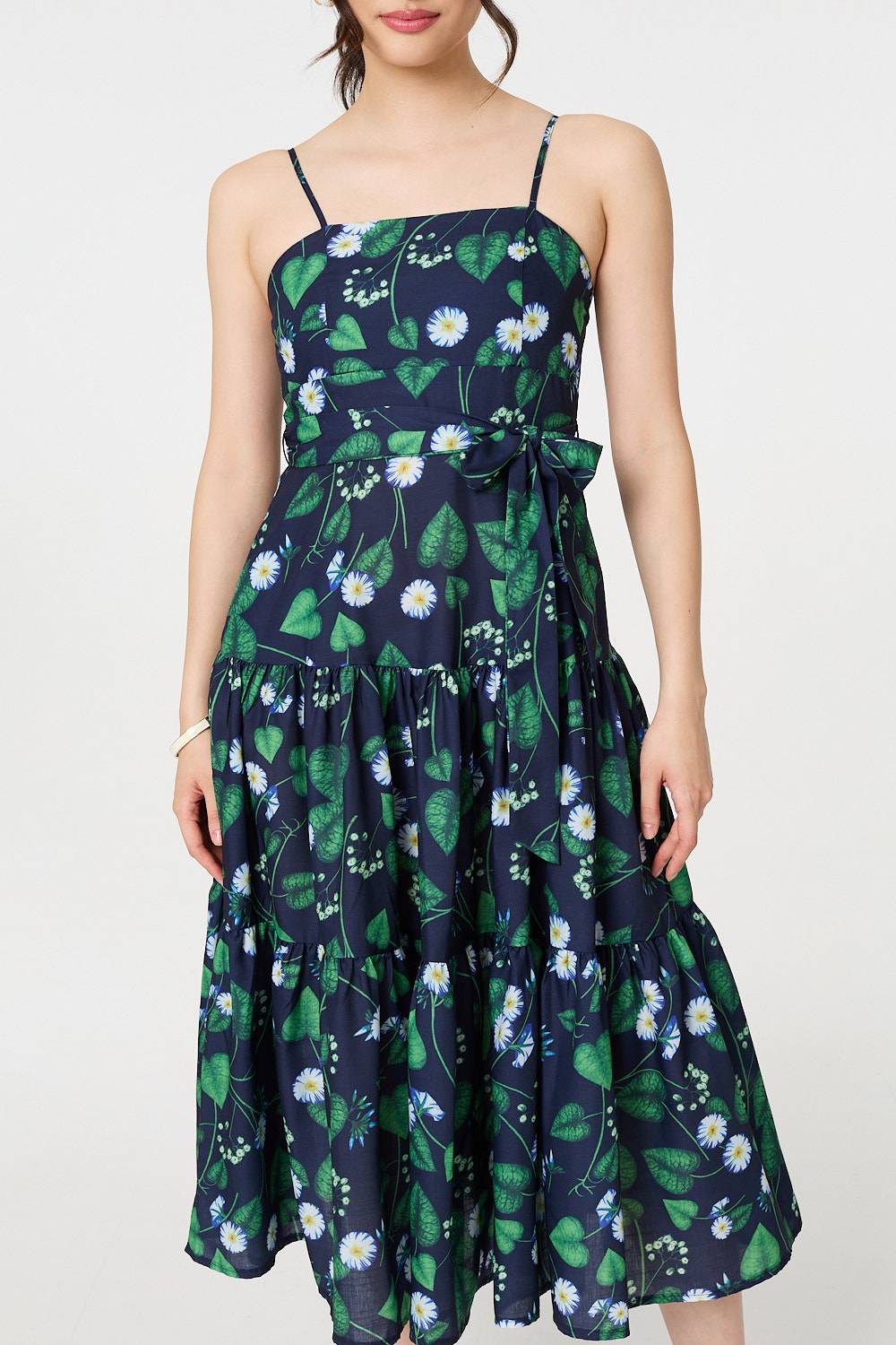 Floral Sleeveless Tie Waist Midi Dress Styled View