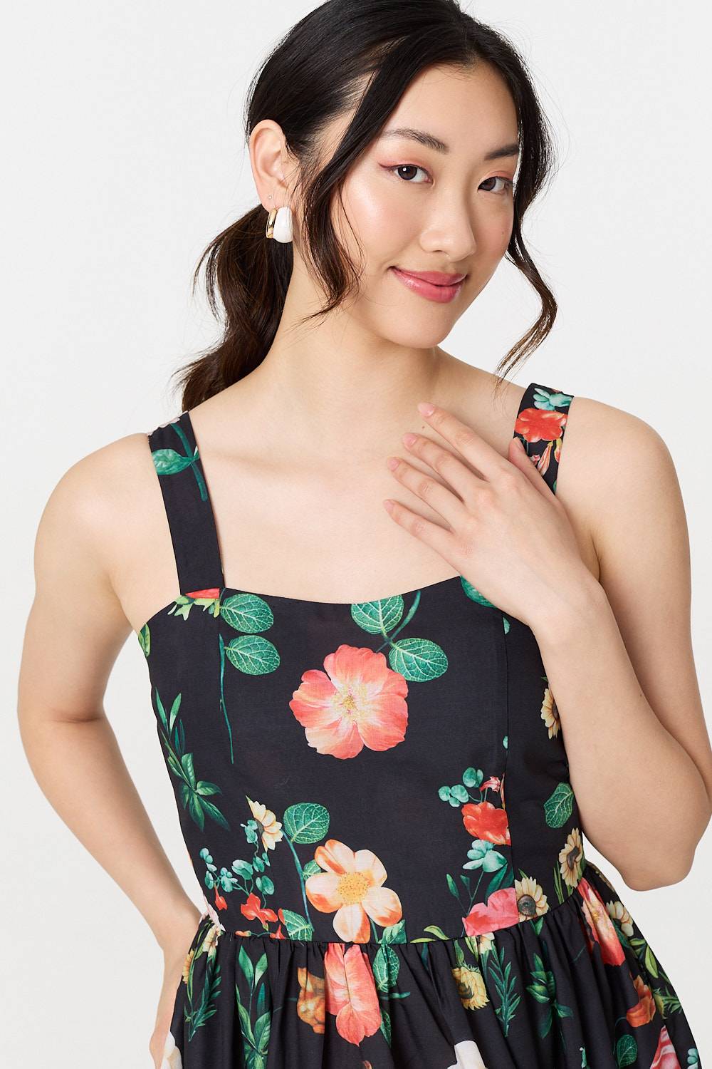 Floral Sleeveless Skater Midi Dress Full Length View