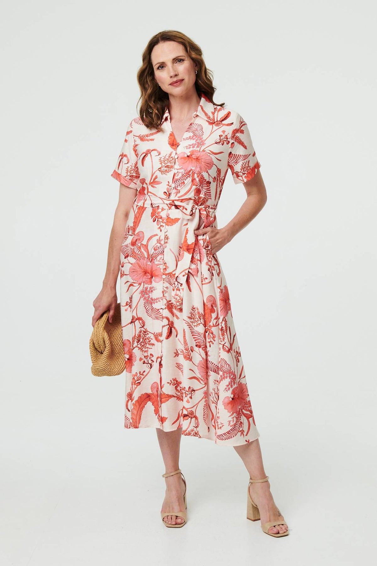 Printed Tie Waist Shirt Midi Dress Full Length View
