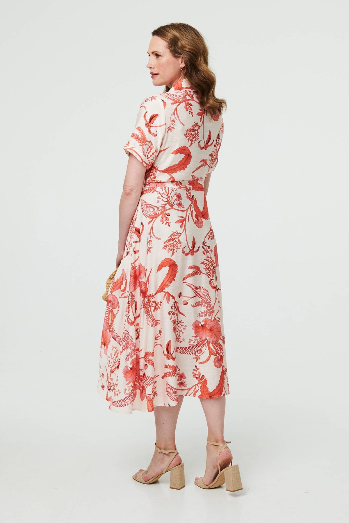 Printed Tie Waist Shirt Midi Dress Detail View