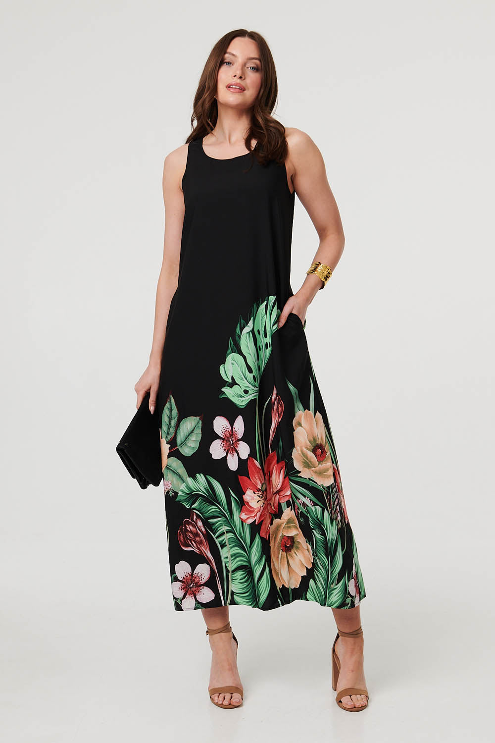 Tropical Floral Sleeveless Midi Dress Full Length View