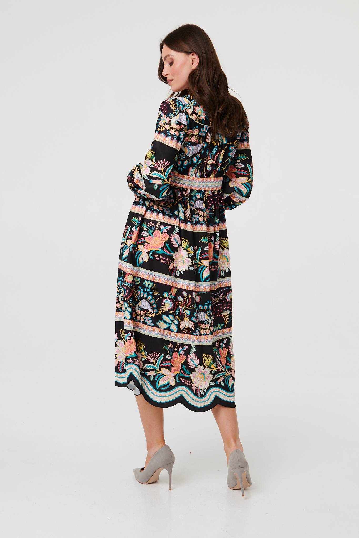 Floral Long Sleeve Buttoned Midi Dress Detail View