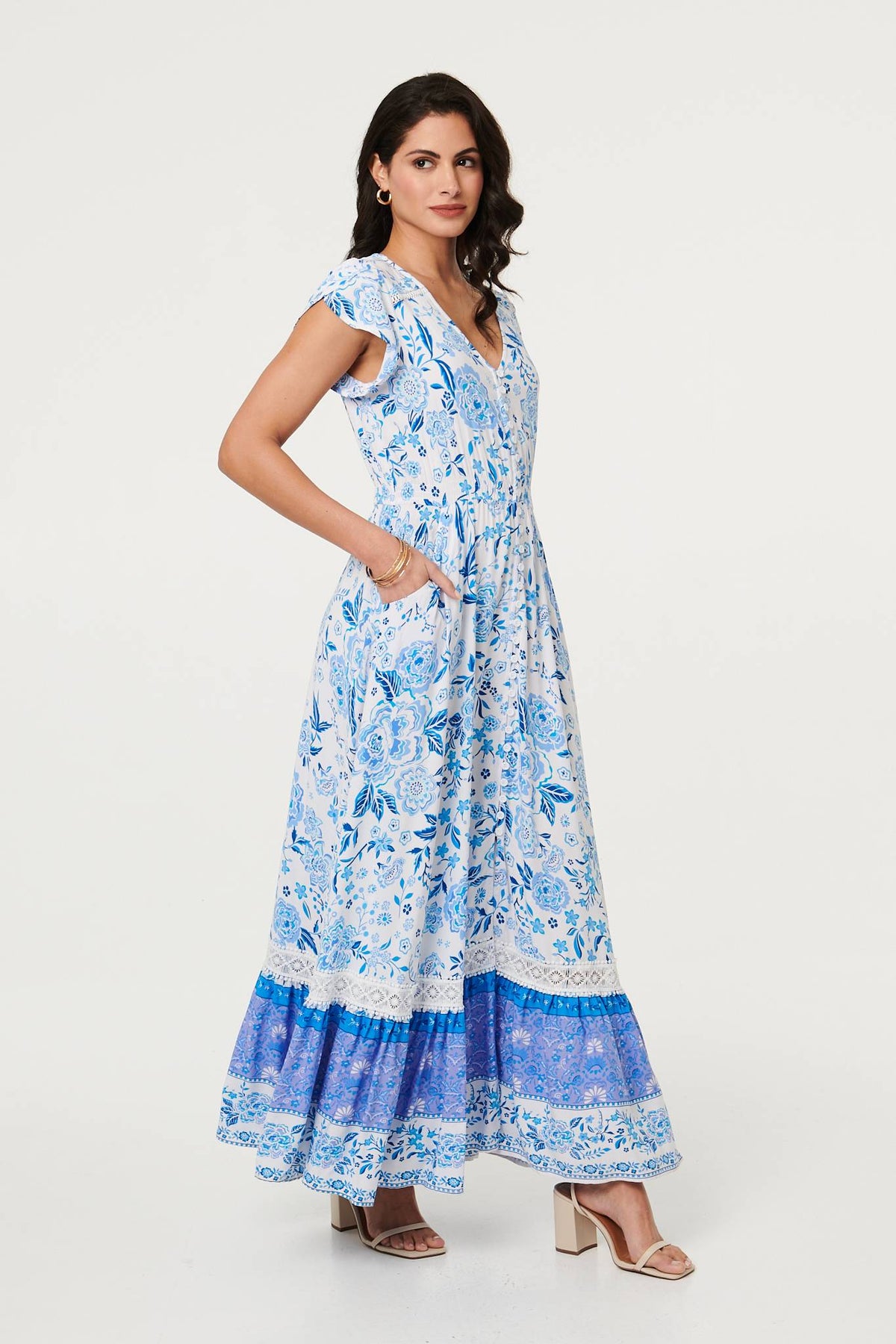 Floral Border Cap Sleeve Maxi Dress Front View
