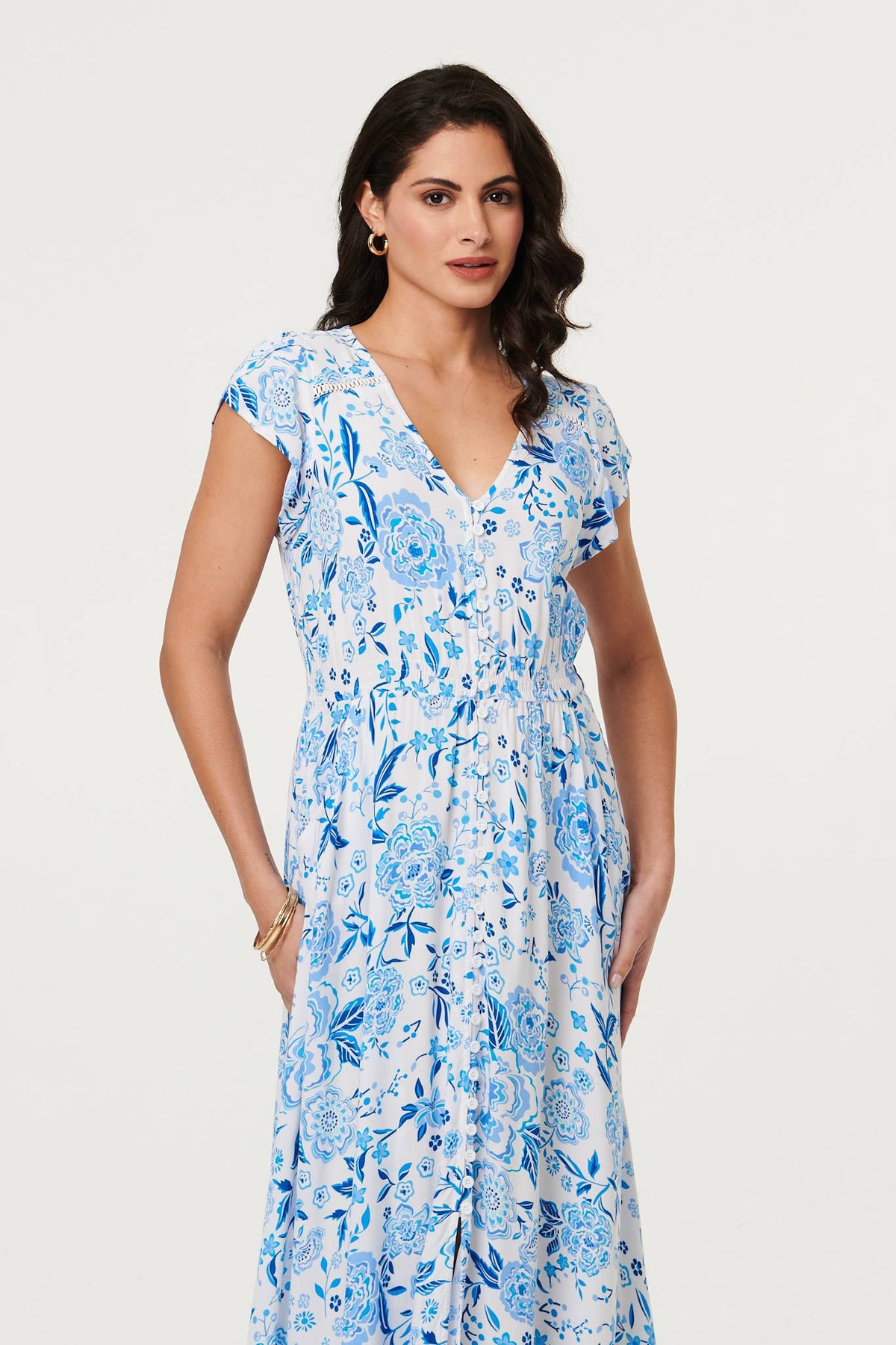 Floral Border Cap Sleeve Maxi Dress Back View