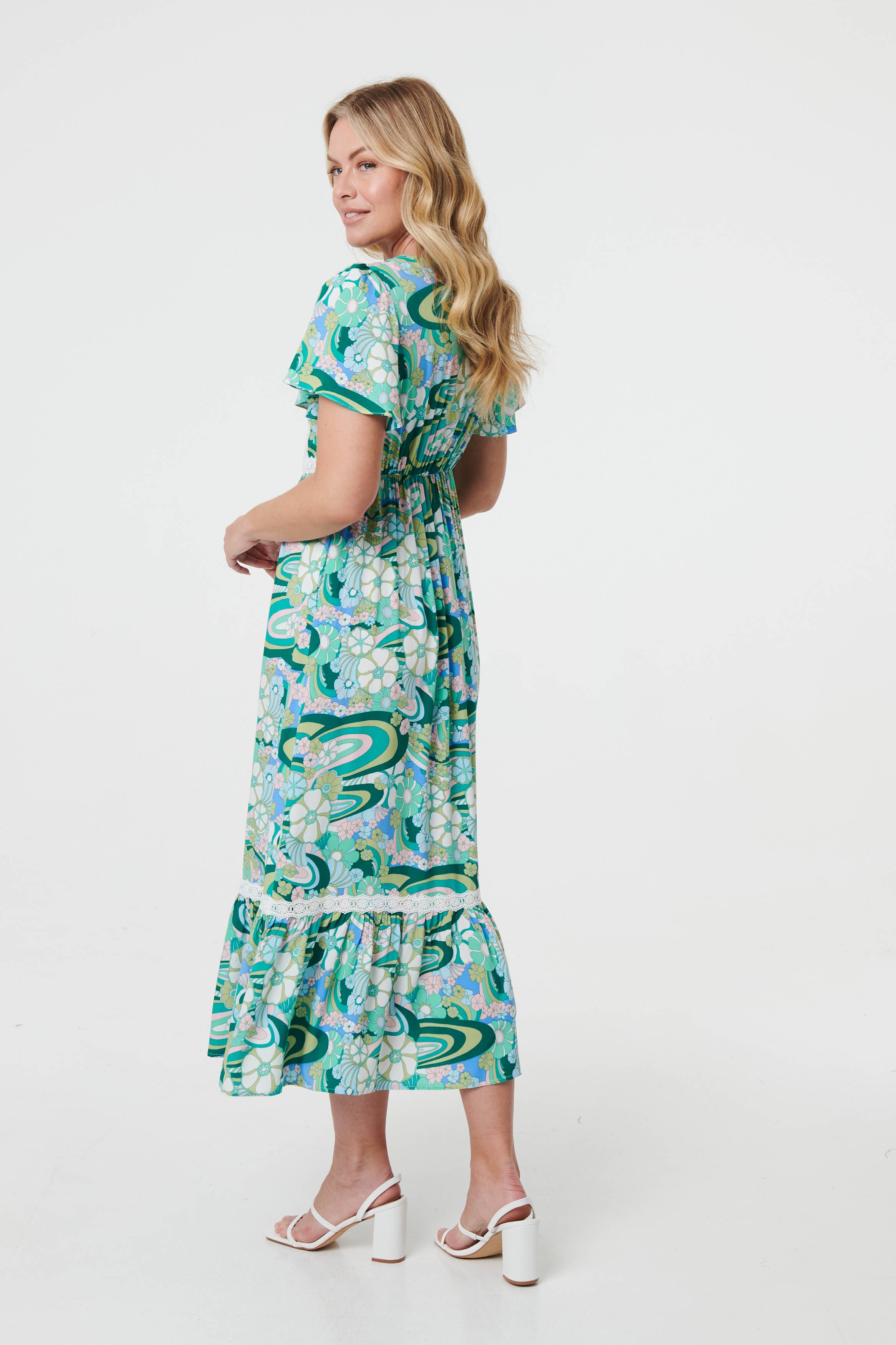 Abstract Lace Trim Tie Neck Midi Dress Side View