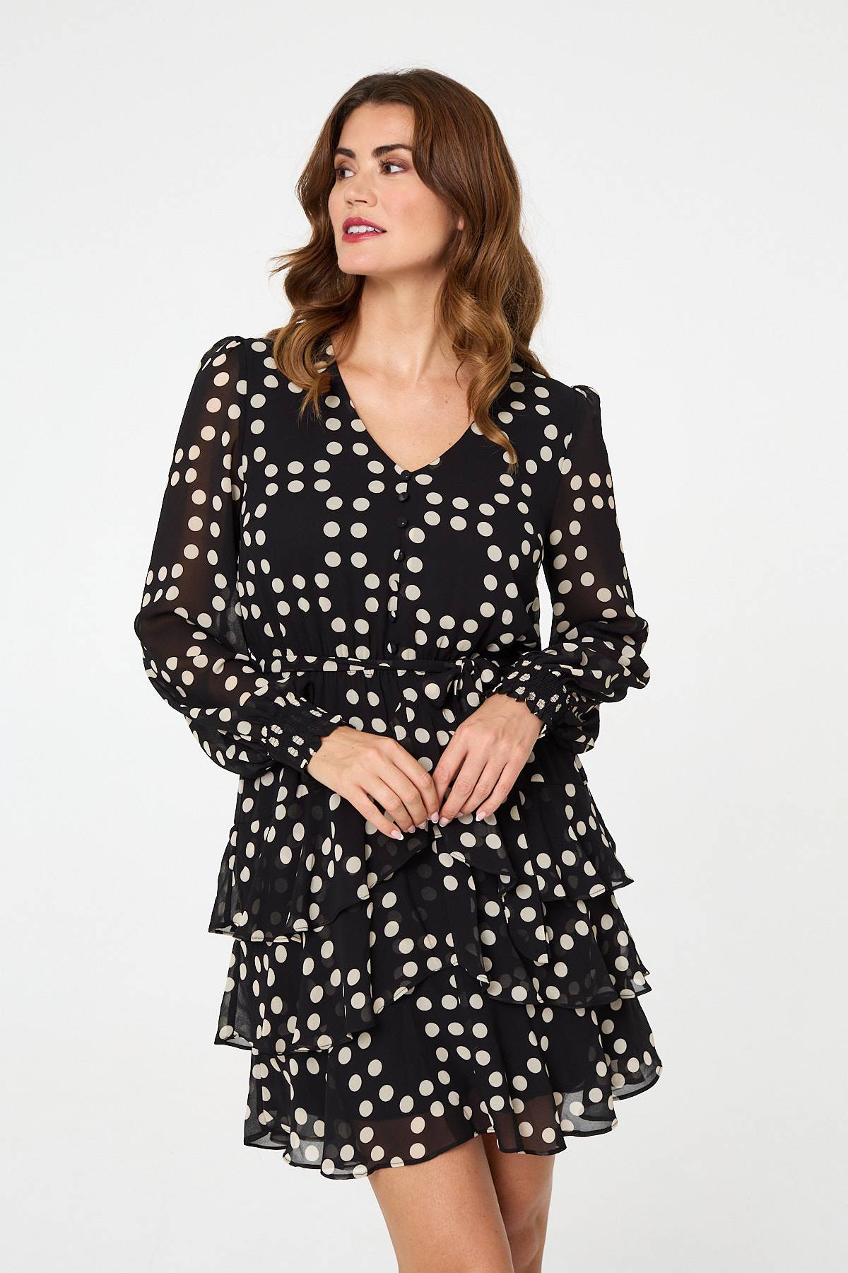 Polka Dot Semi Sheer Layer Short Dress Front View