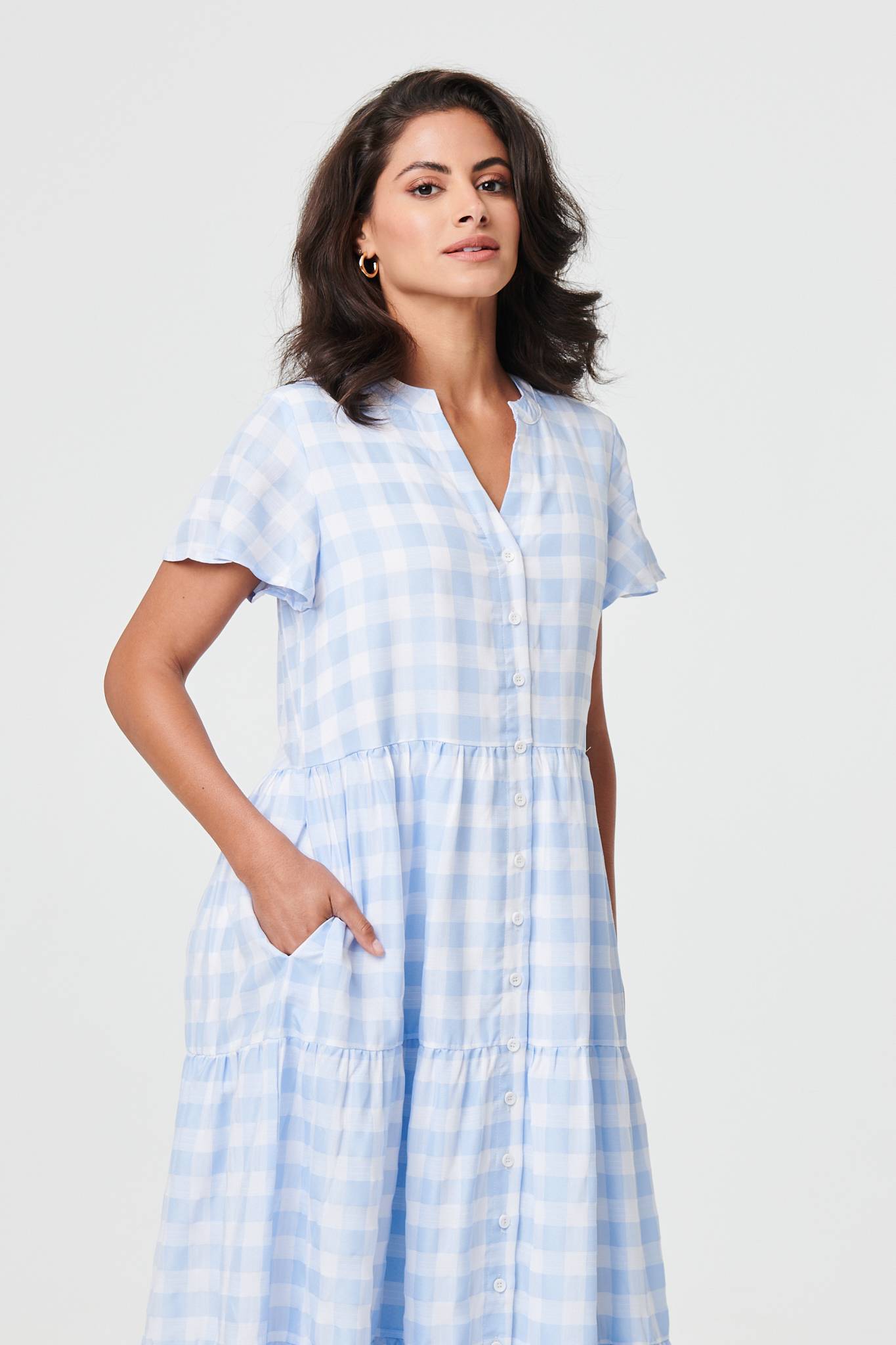 Checked Short Sleeve Tiered Maxi Dress Styled View