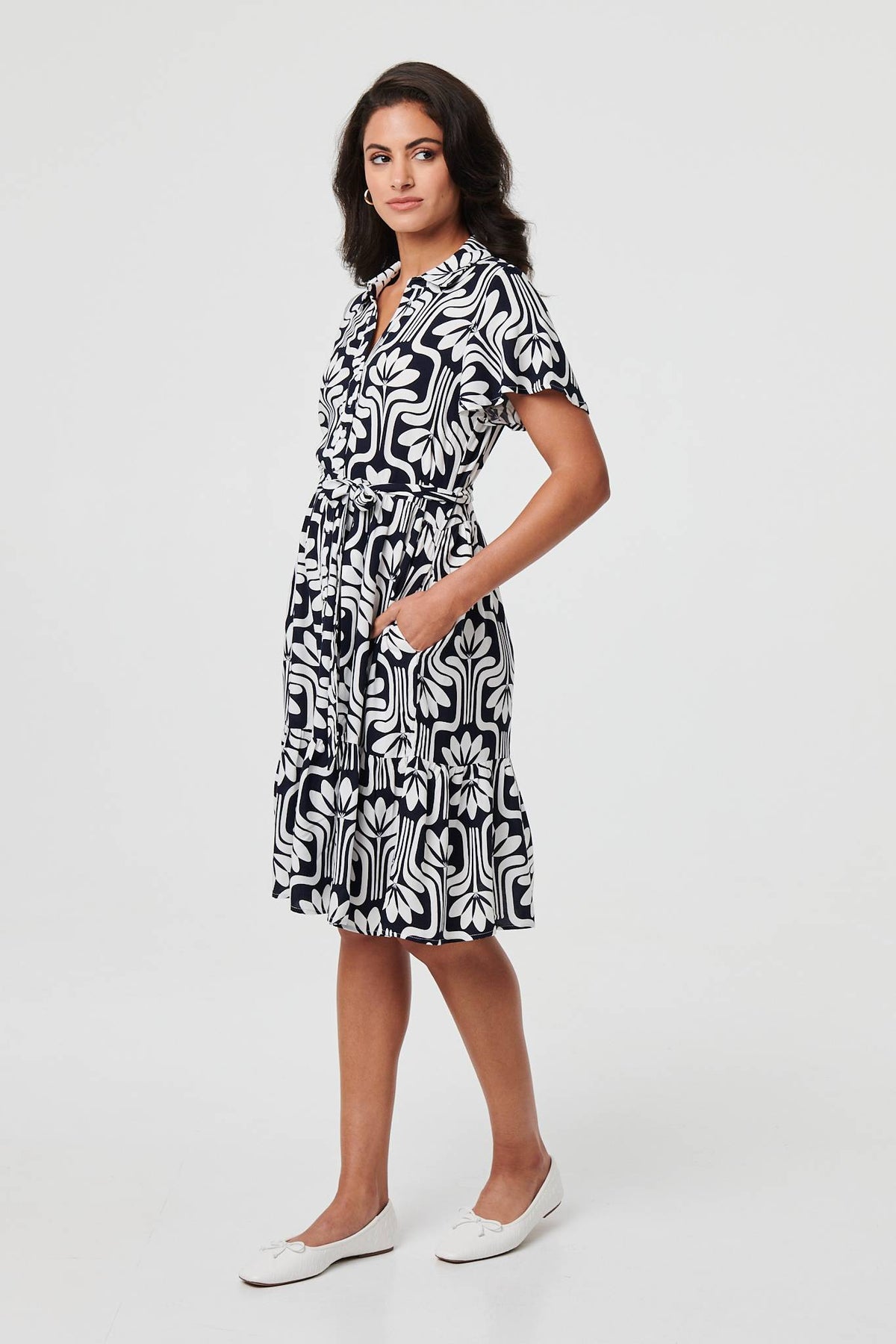 Printed Short Sleeve Mini Shirt Dress Full Length View