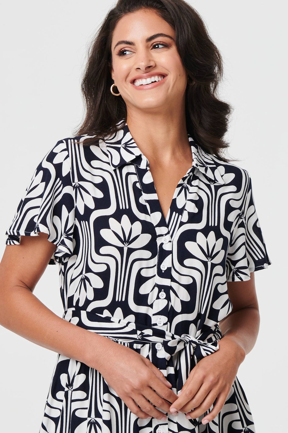Printed Short Sleeve Mini Shirt Dress Styled View