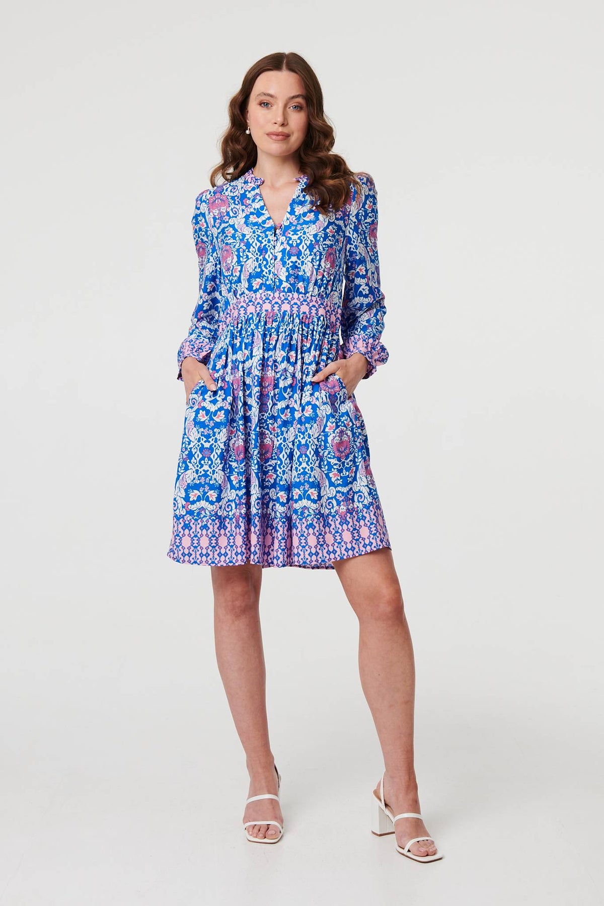 Printed Long Sleeve Shirred Short Dress Front View