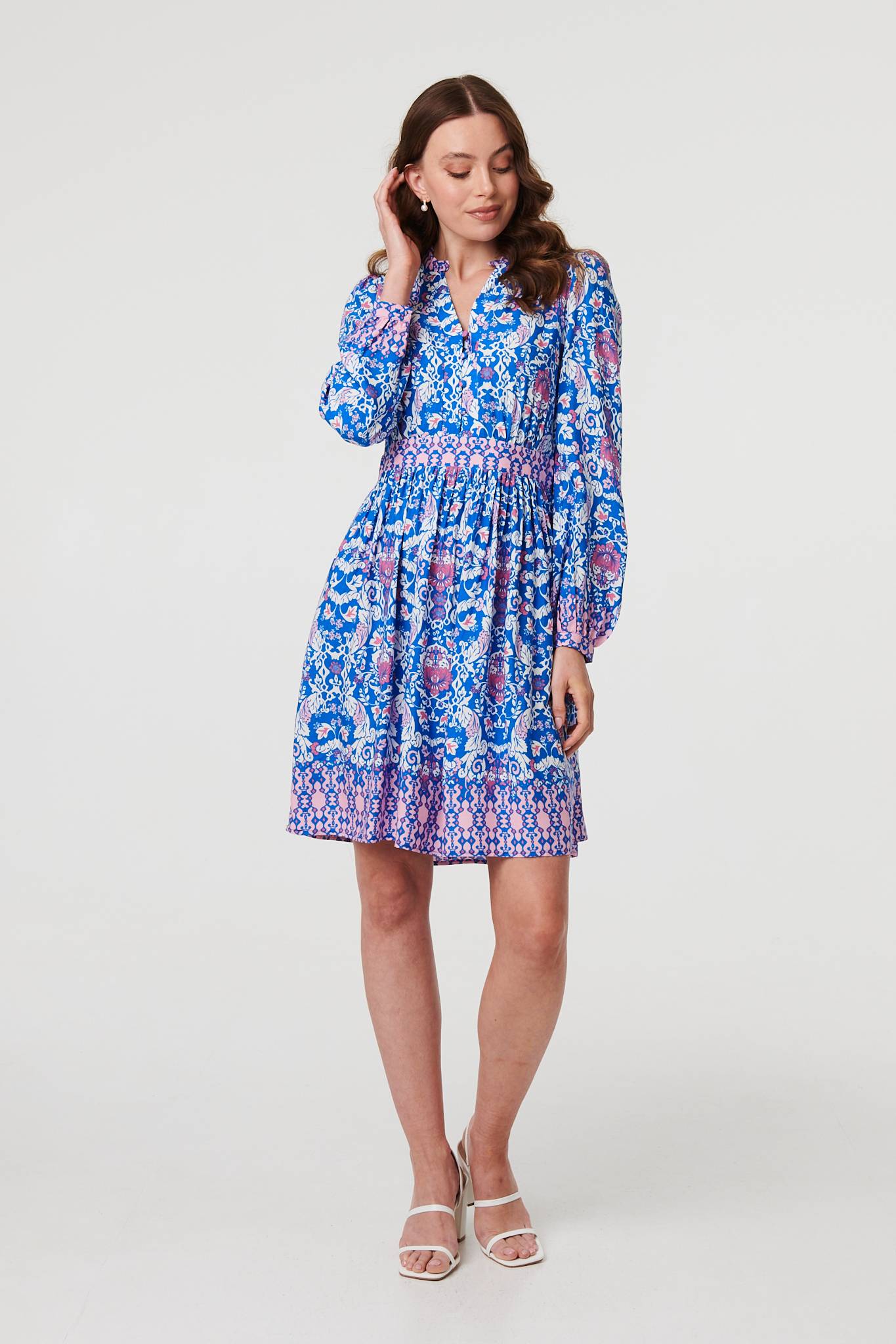 Printed Long Sleeve Shirred Short Dress Detail View